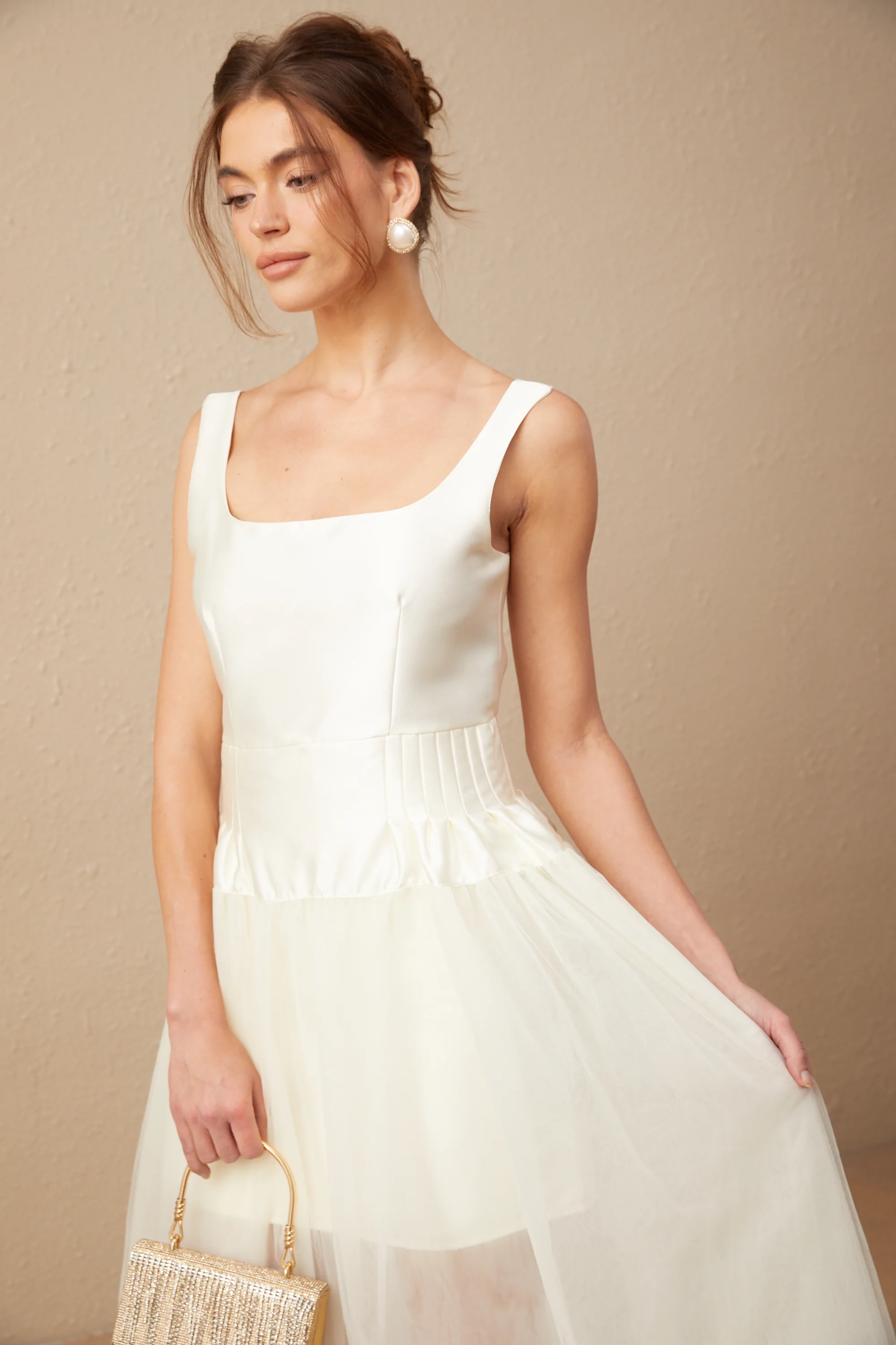 Lucie white satin tulle panelled maxi dress