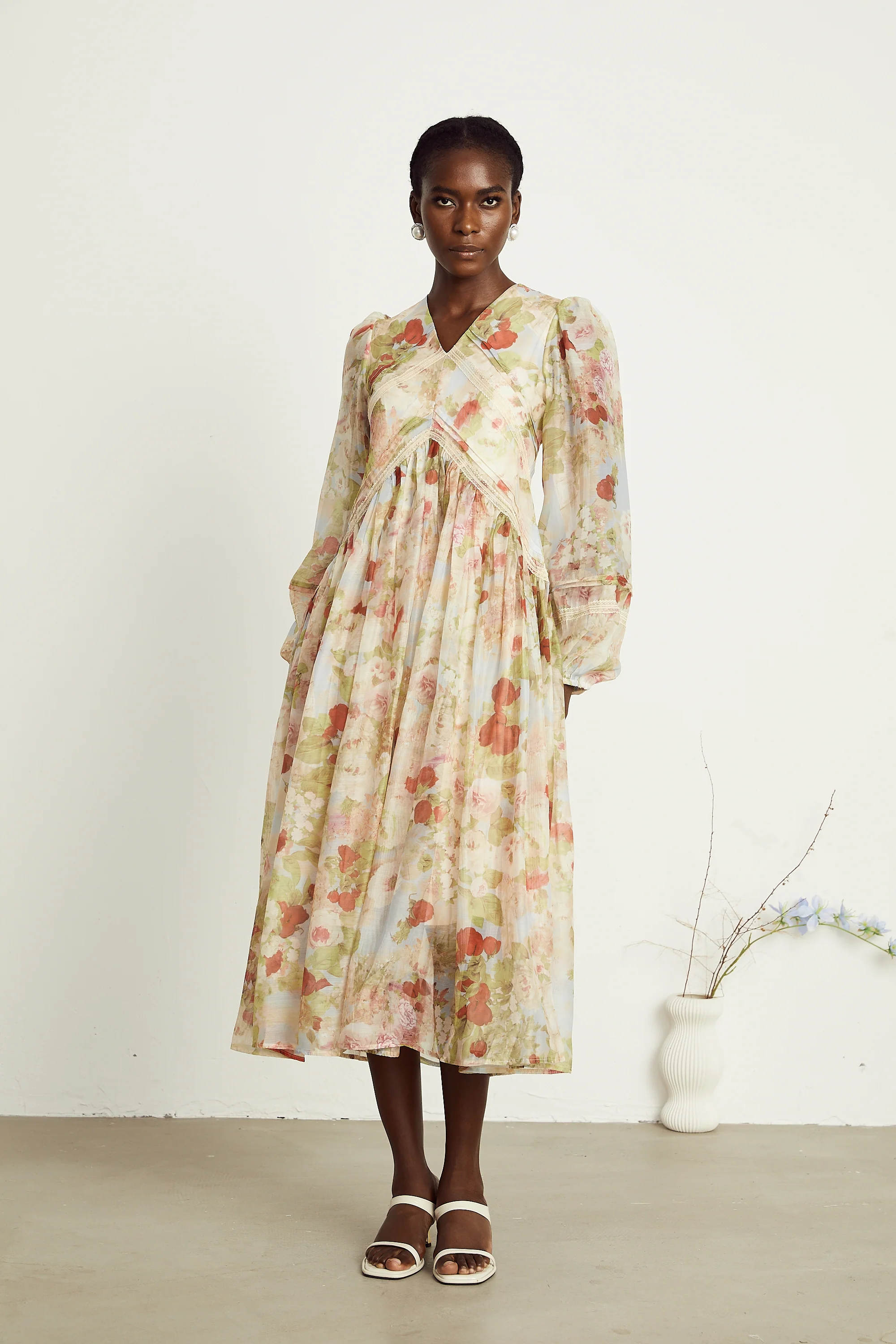 Ailis floral-print lace-detail midi dress