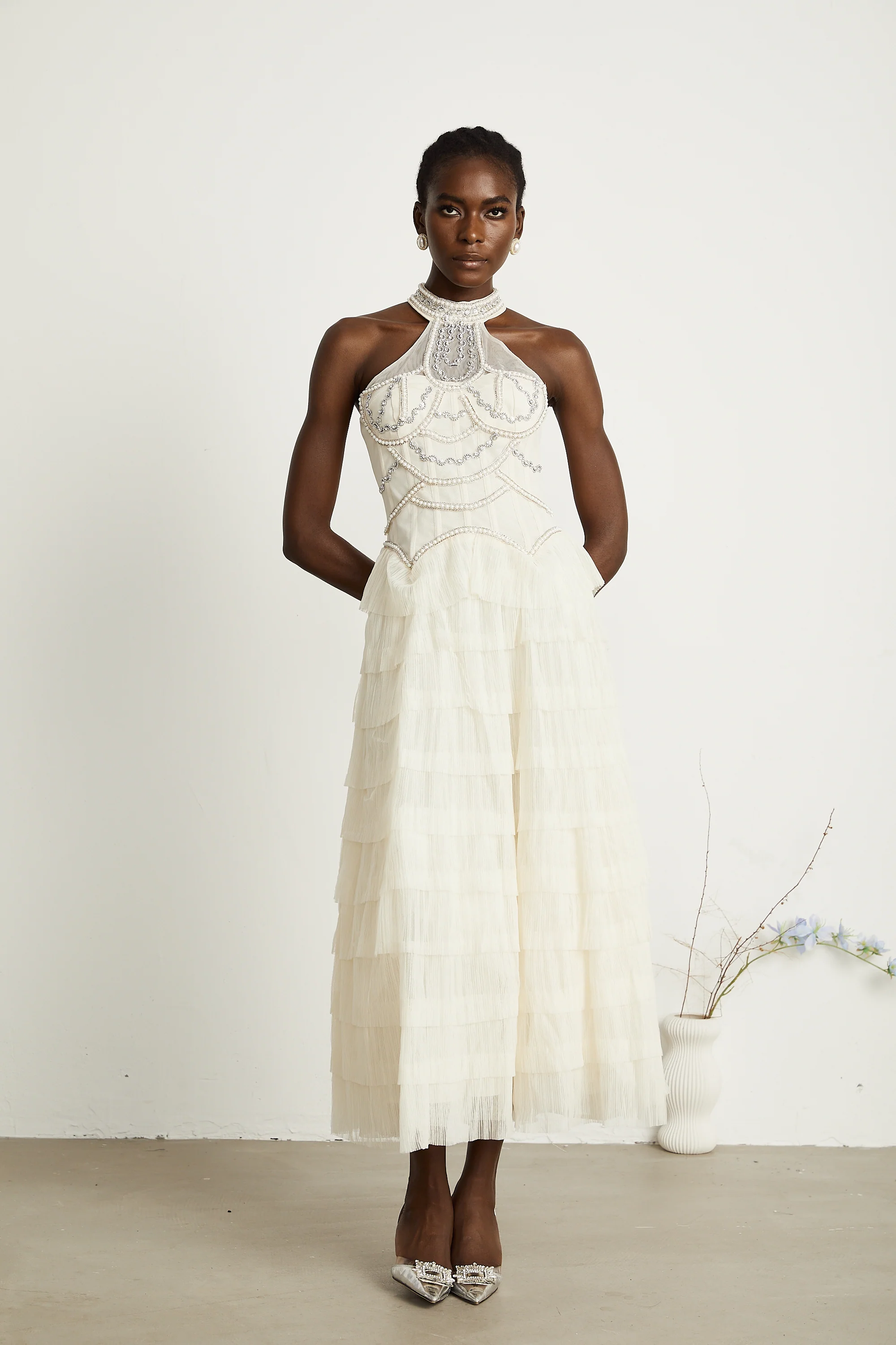 Paula beaded tiered tulle maxi dress