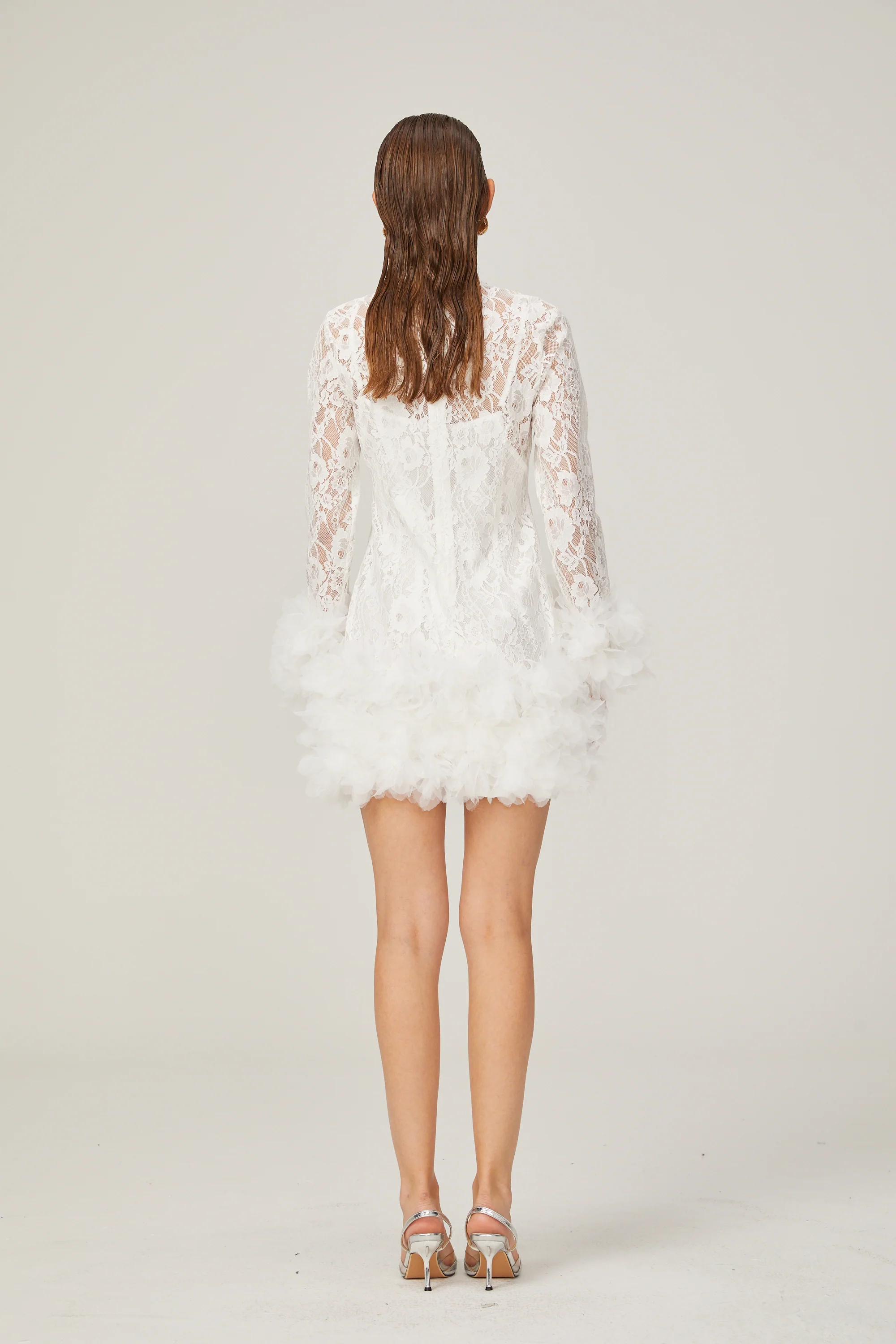 Camille lace layered feather-trim mini dress in White