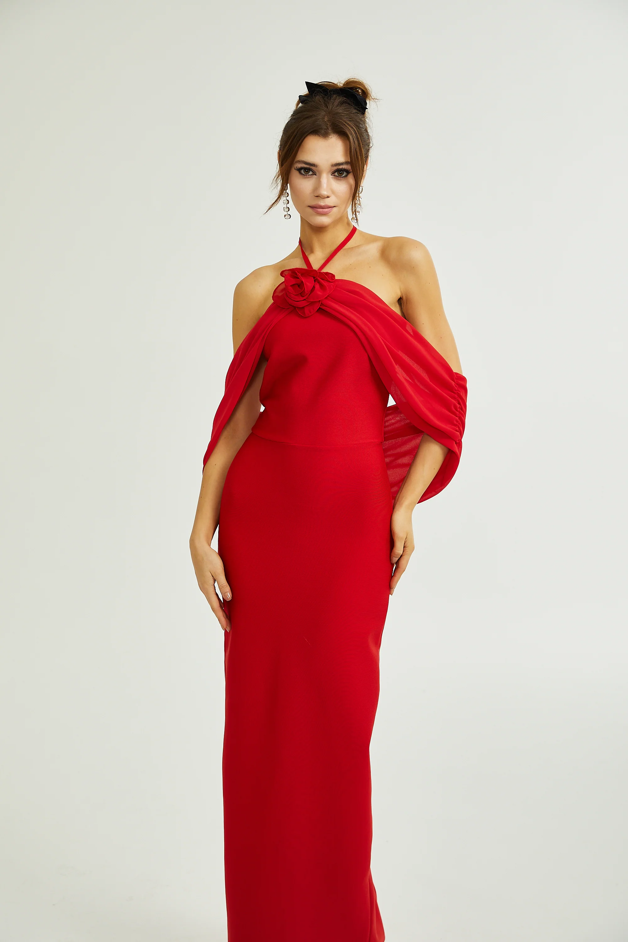 Rosette floral-detail halterneck maxi dress