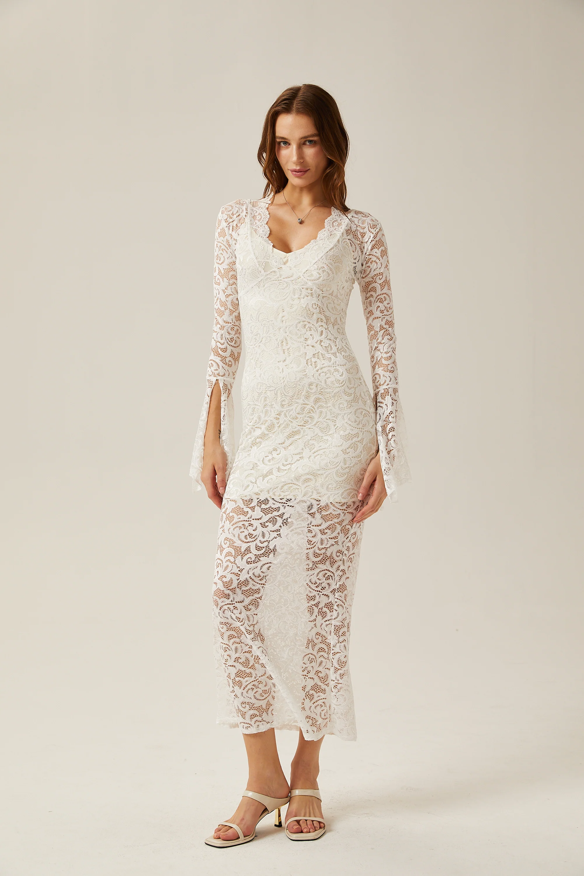 Martine white lace sheer midi dress