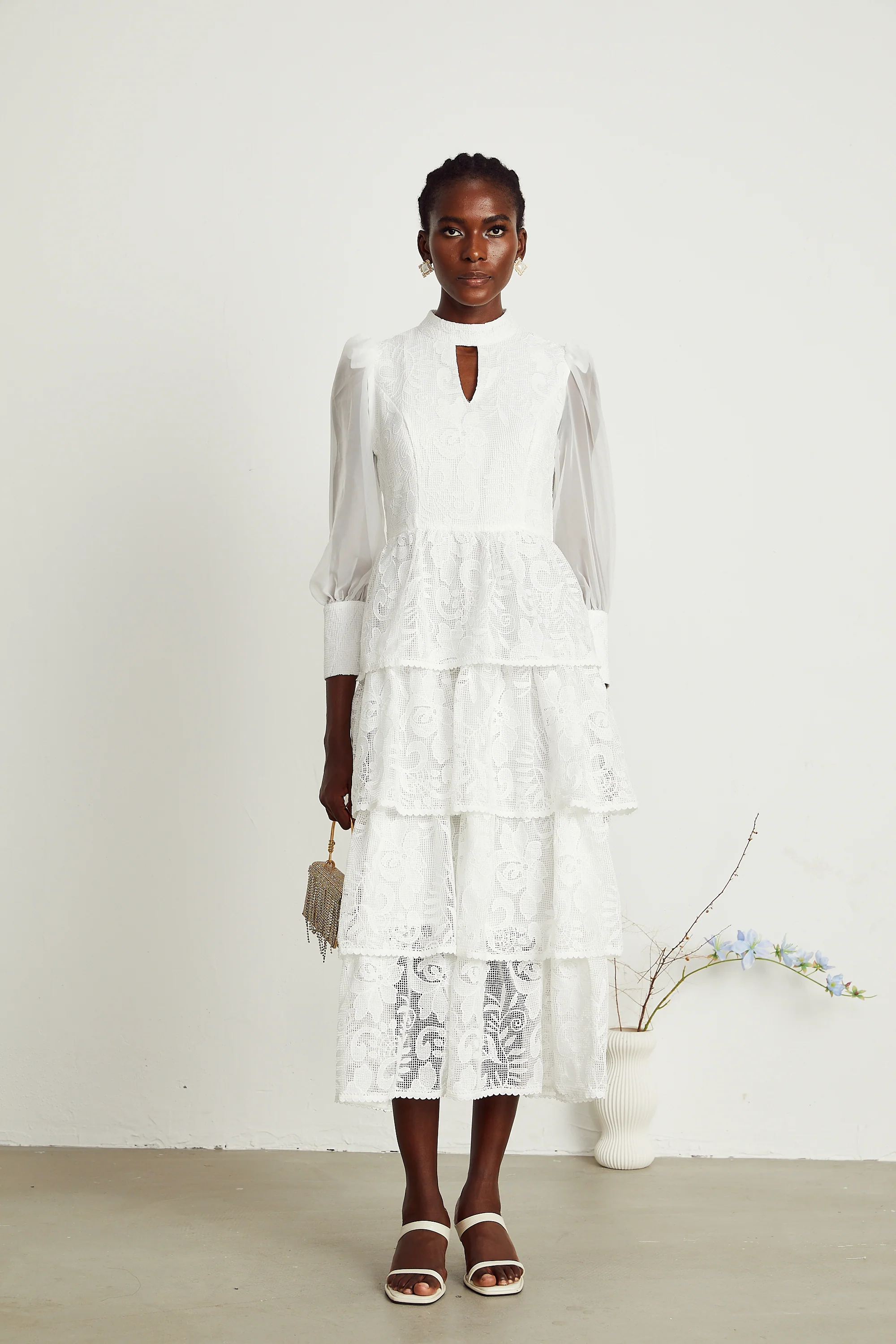 Carolina white floral-embroidered midi dress