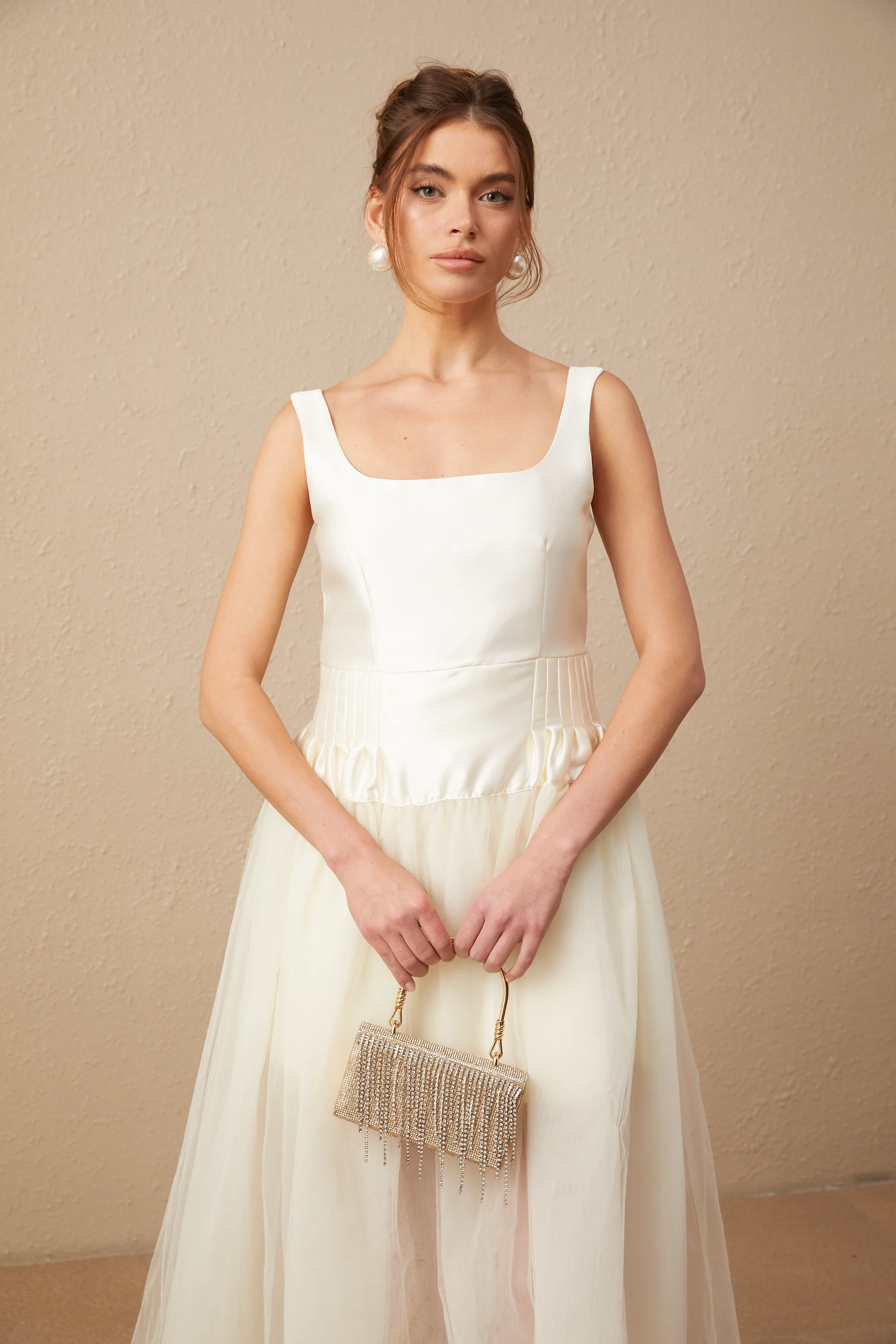 Lucie white satin tulle panelled maxi dress