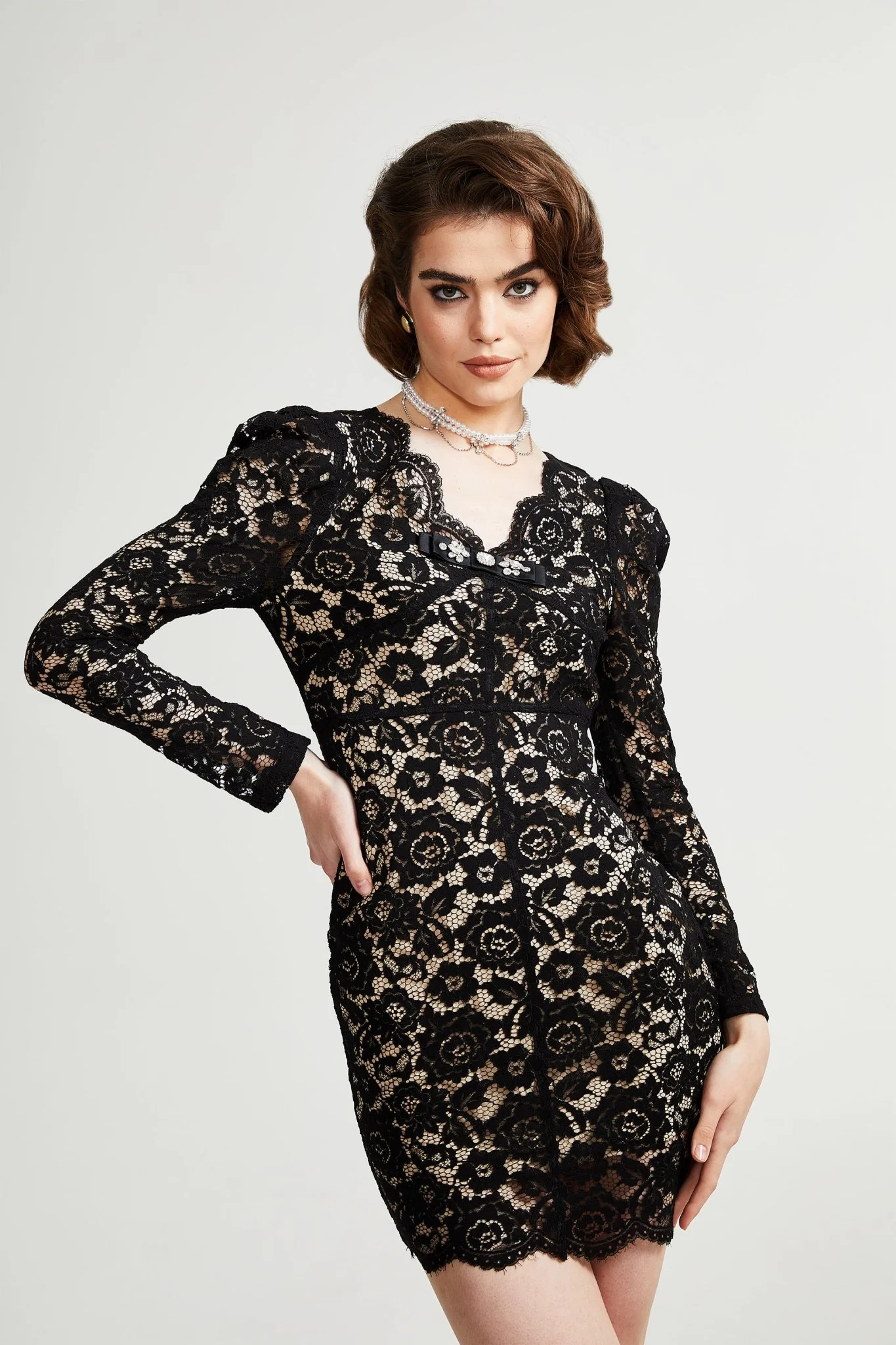 Norelia black lace pierced mini dress