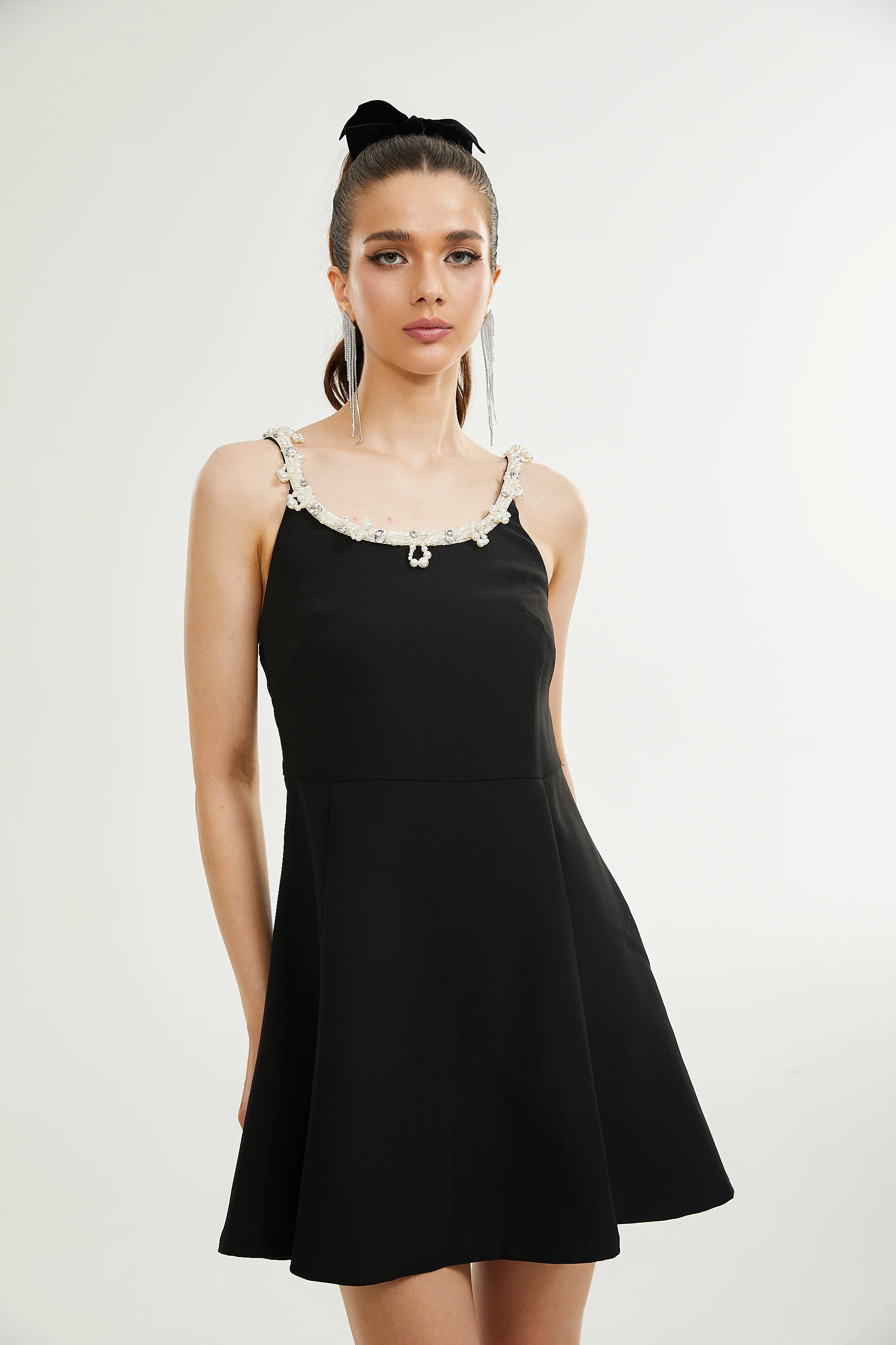 Lucasta faux-pearl flared mini dress