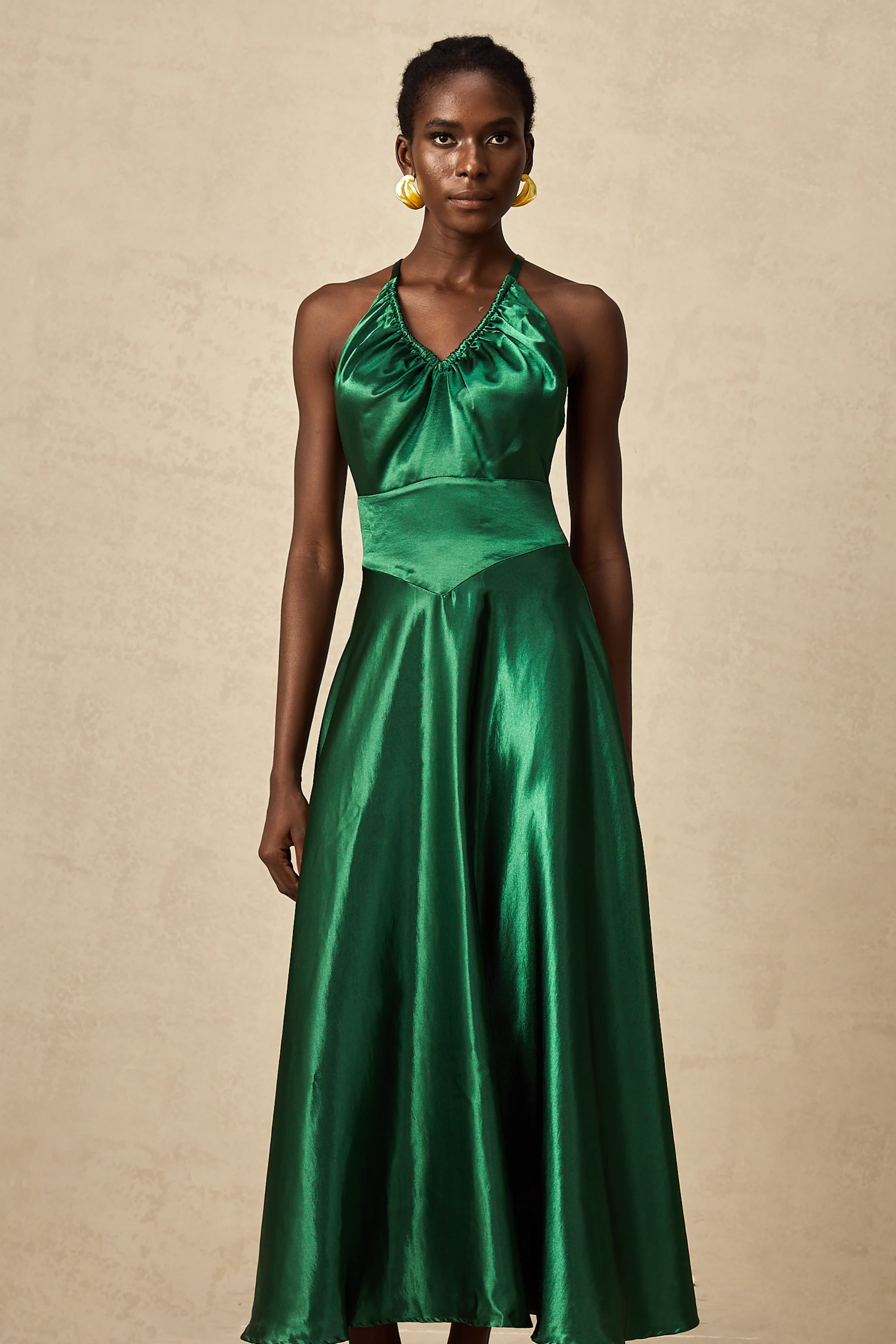 Geneviève emerald satin open-back midi dress