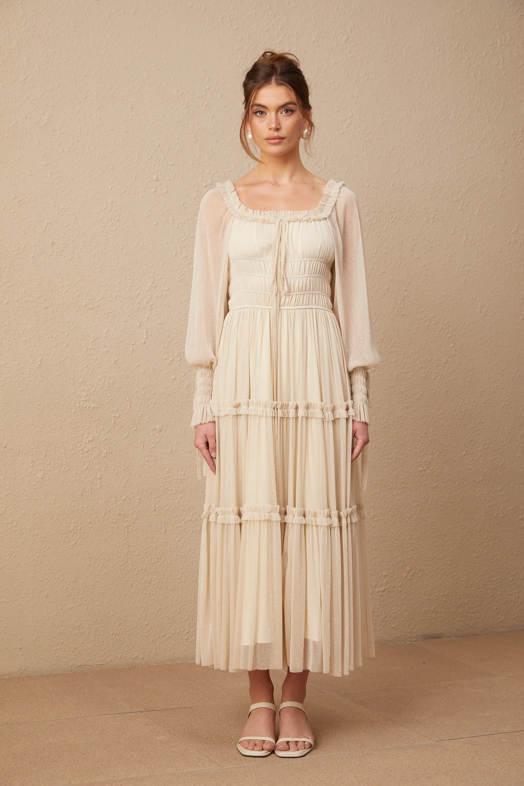 Camille pleated shirred metallic midi dress