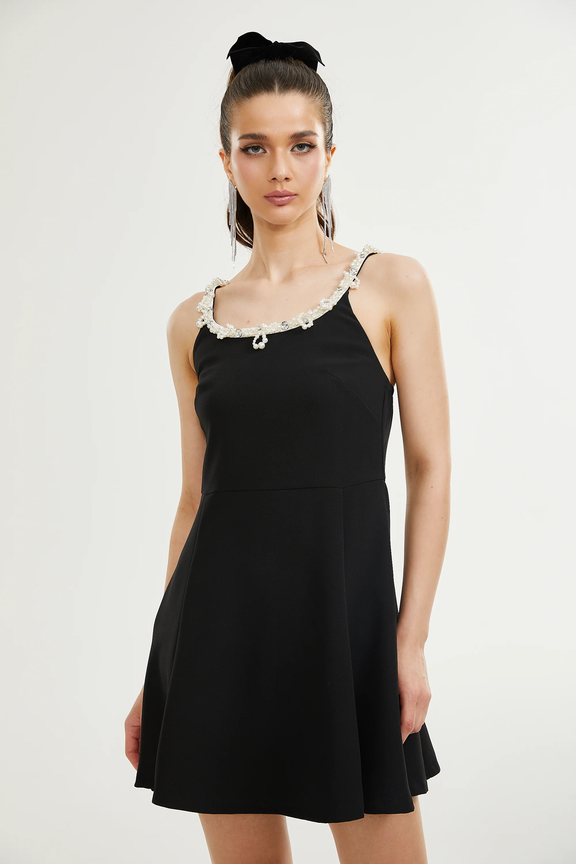 Lucasta faux-pearl flared mini dress