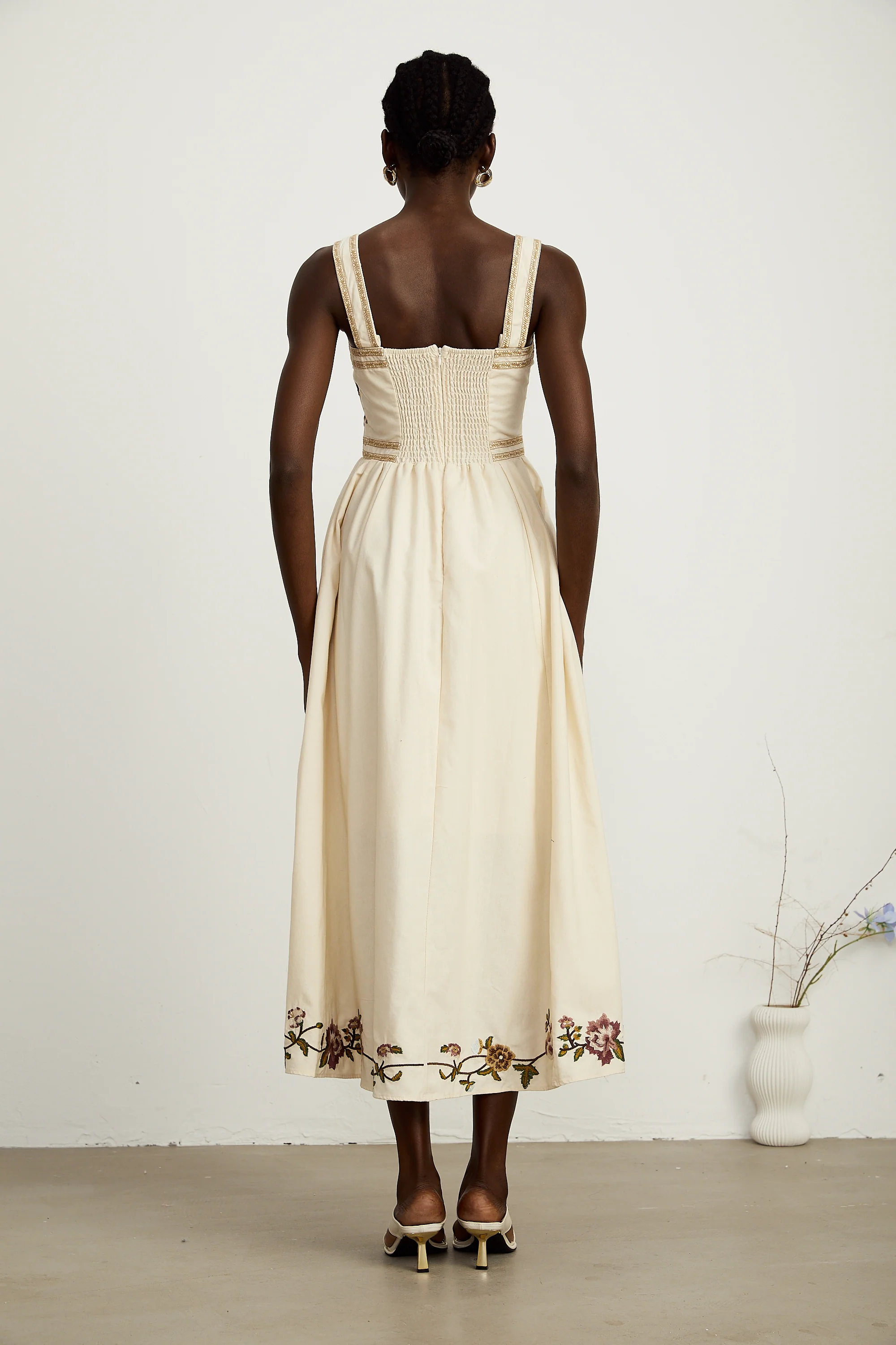 Kimberley floral-embroidery sleeveless midi dress