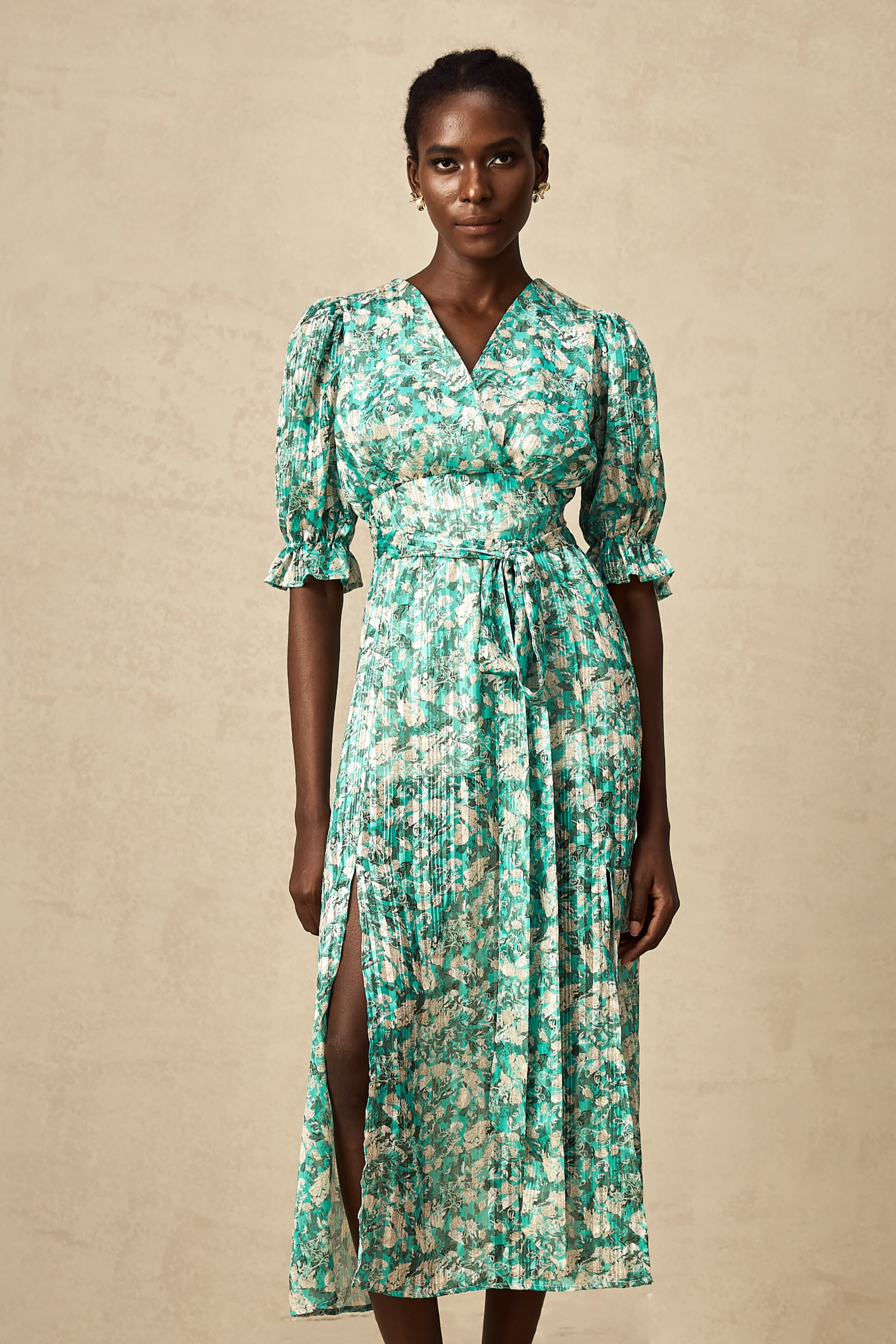 Alisa green floral-print high-slit midi dress