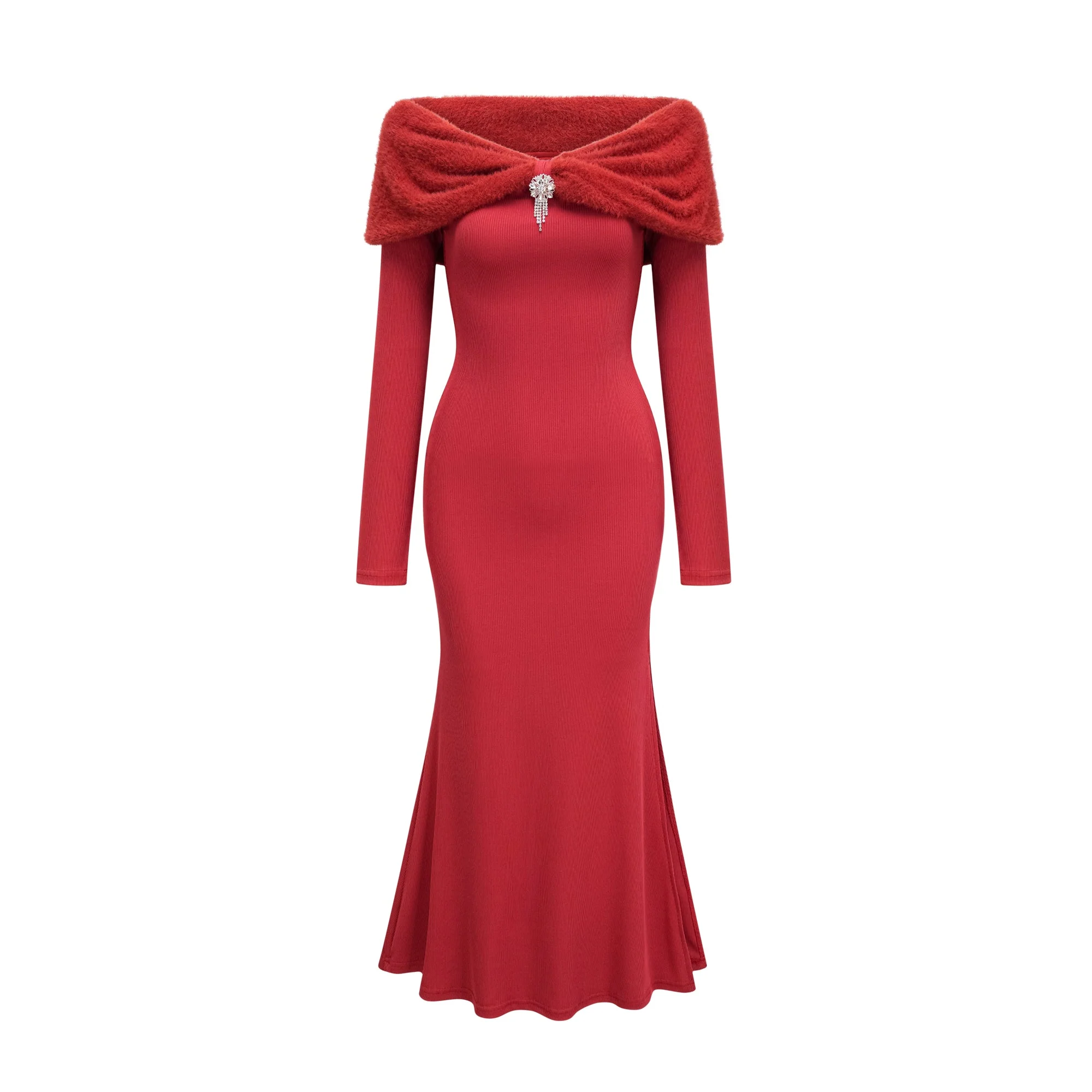 Leonya red off-shoulder knitted midi dress