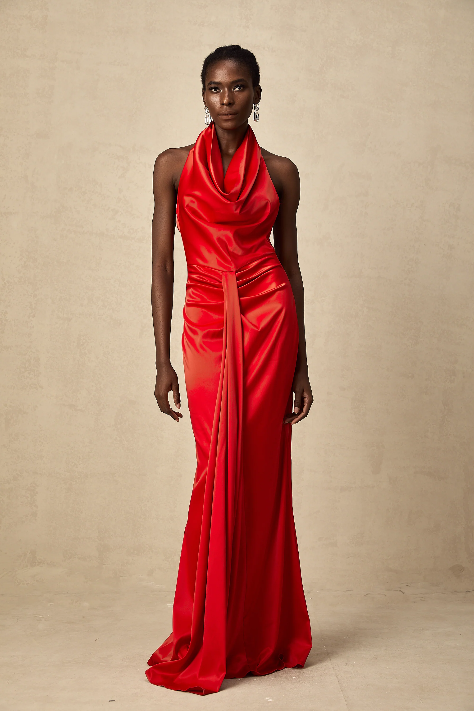 Alix red halterneck draped satin maxi dress