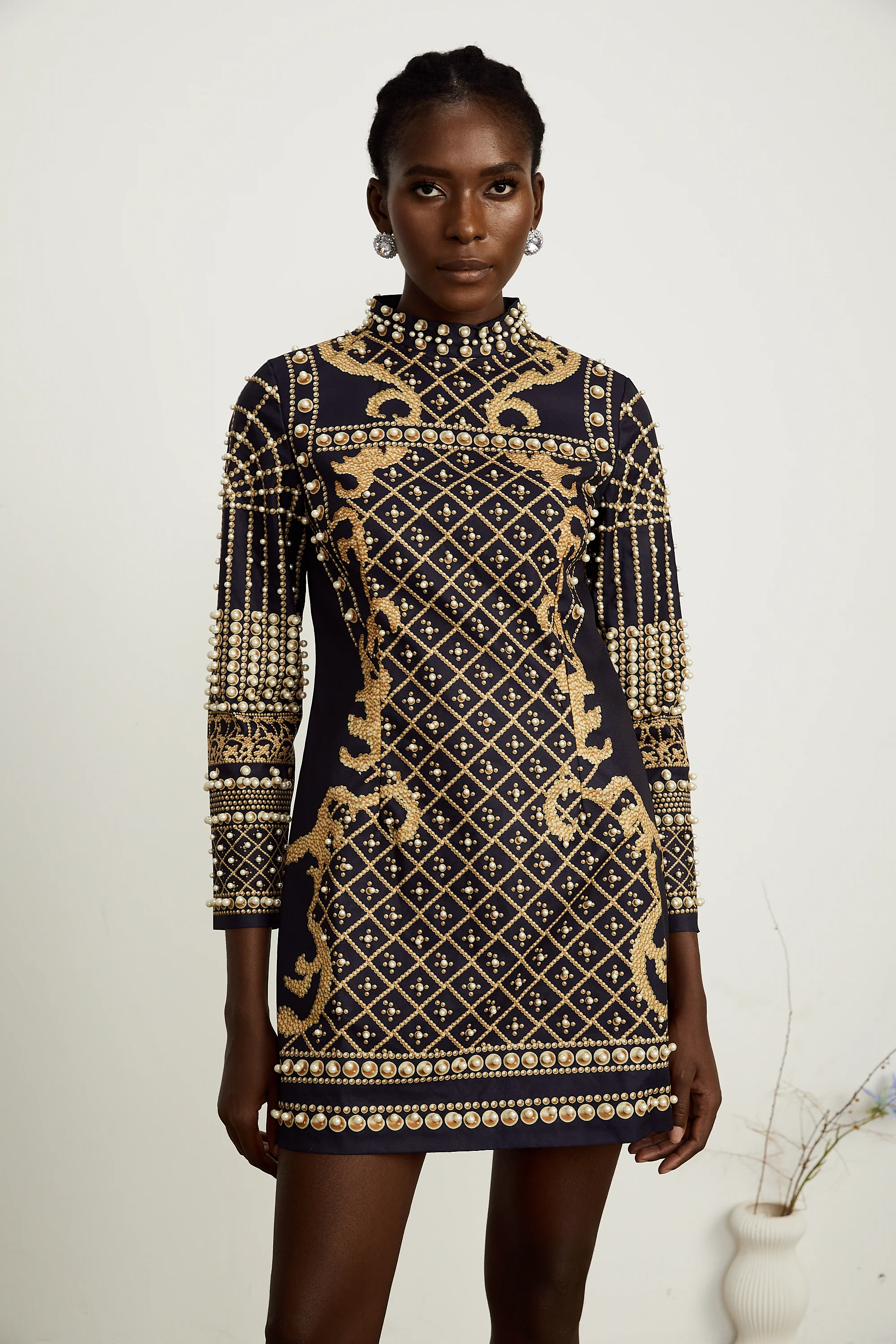 Ysabella faux-pearl long-sleeve mini dress