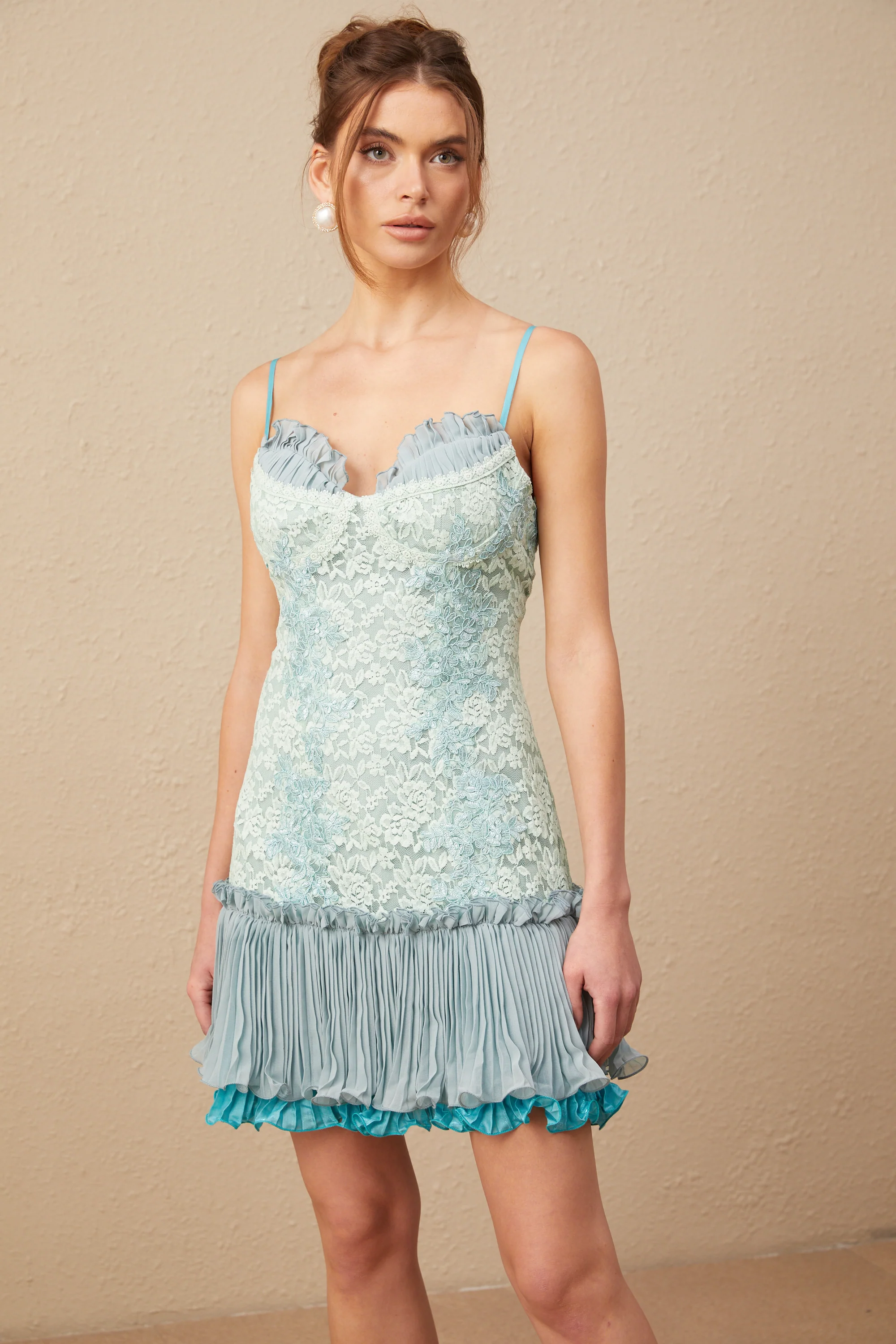 Gabrielle lace-embroidery pleated mini dress