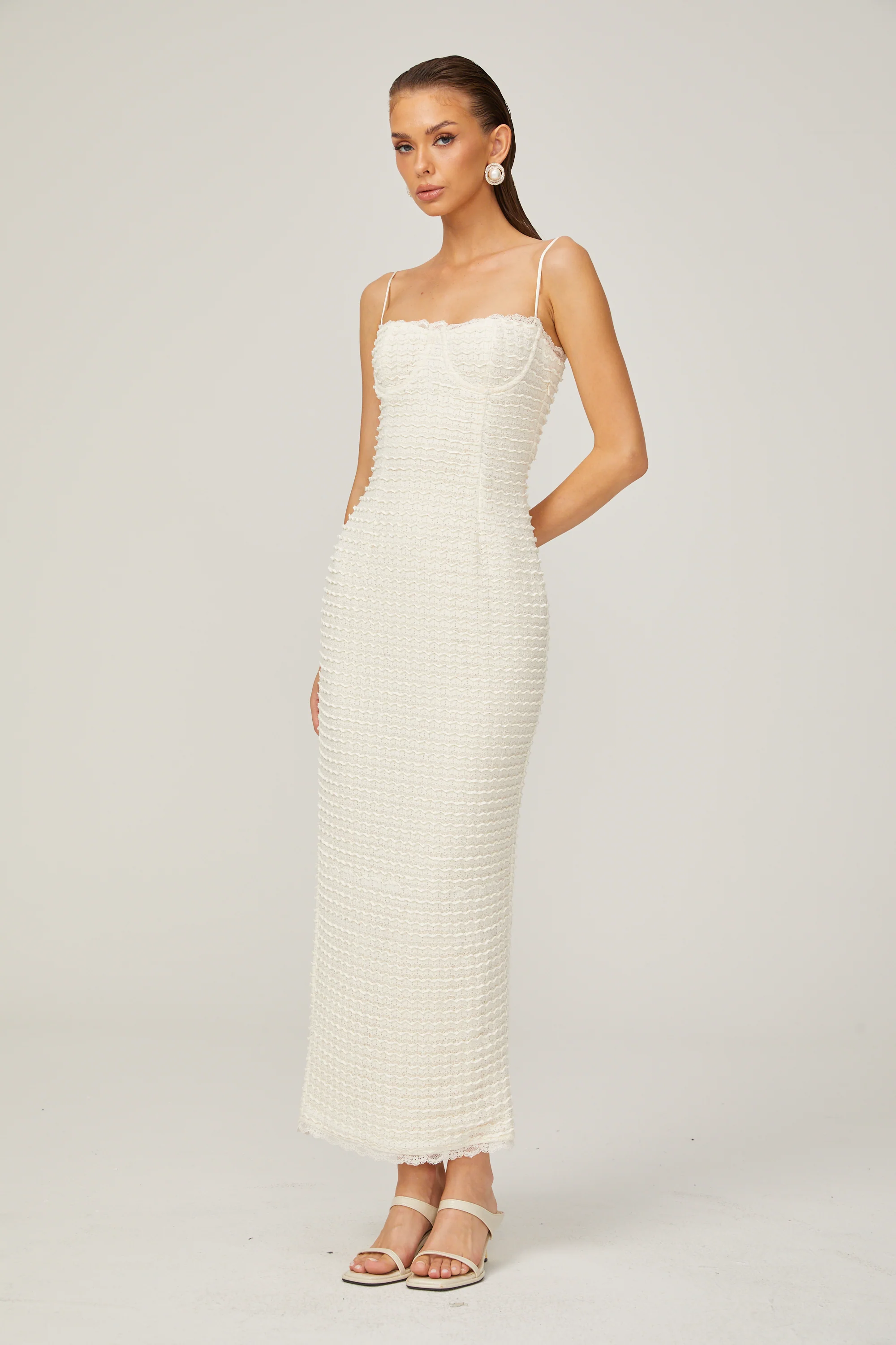 Katia white ruffle-lace boned maxi dress