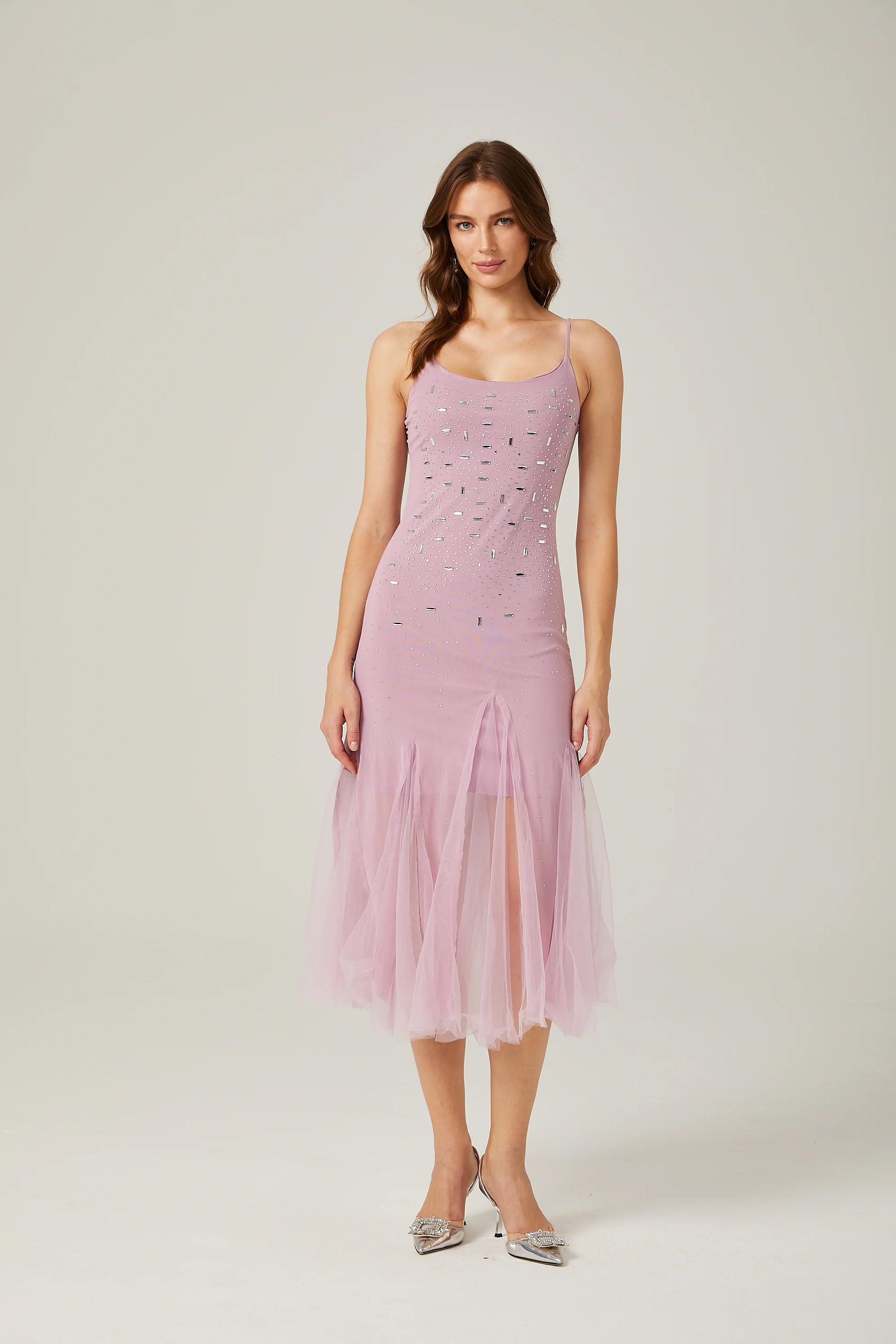 Axelle purple embellished mesh midi dress