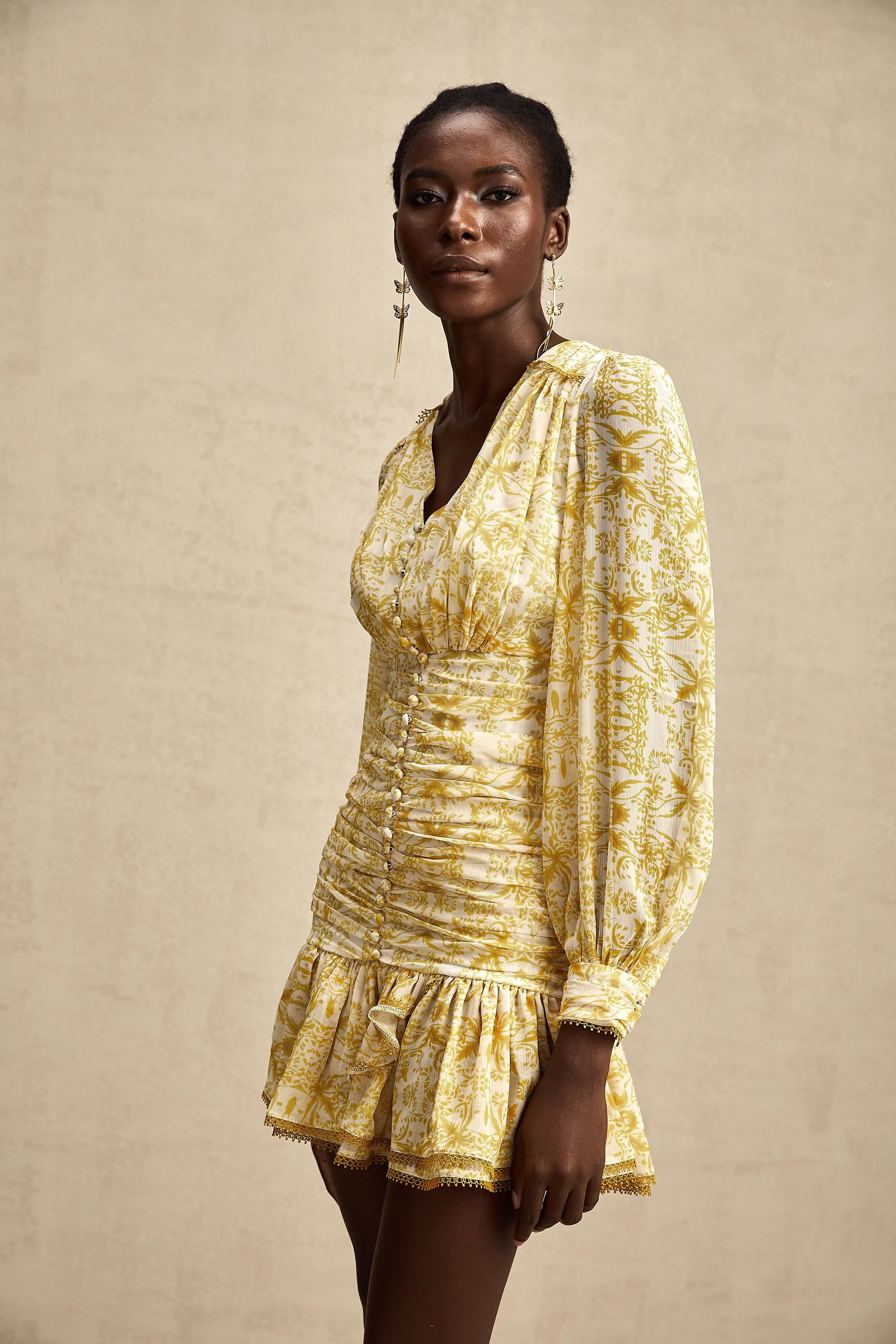 Aude yellow floral-print ruffled pleated mini dress