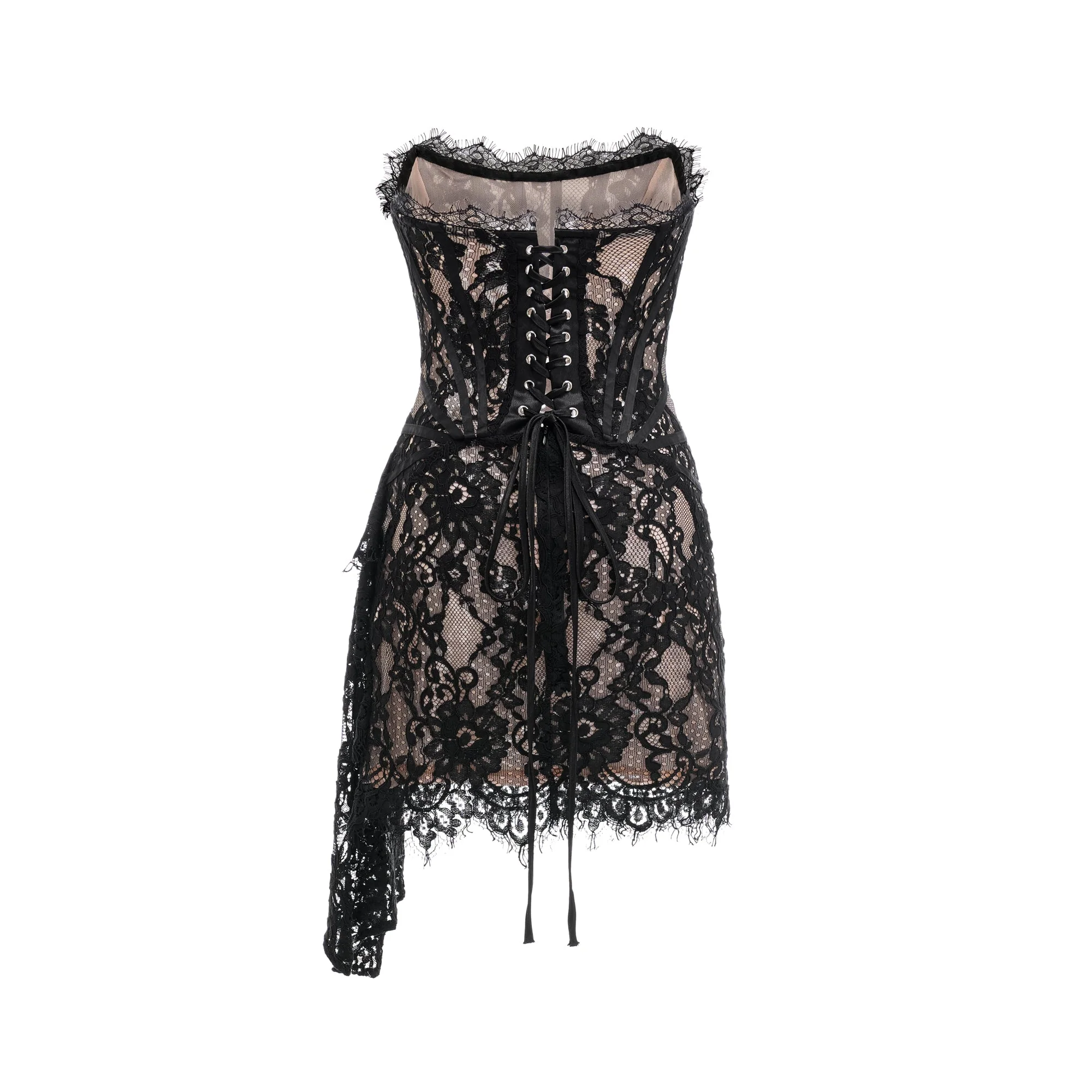 Kylitha black lace ribbon mini dress