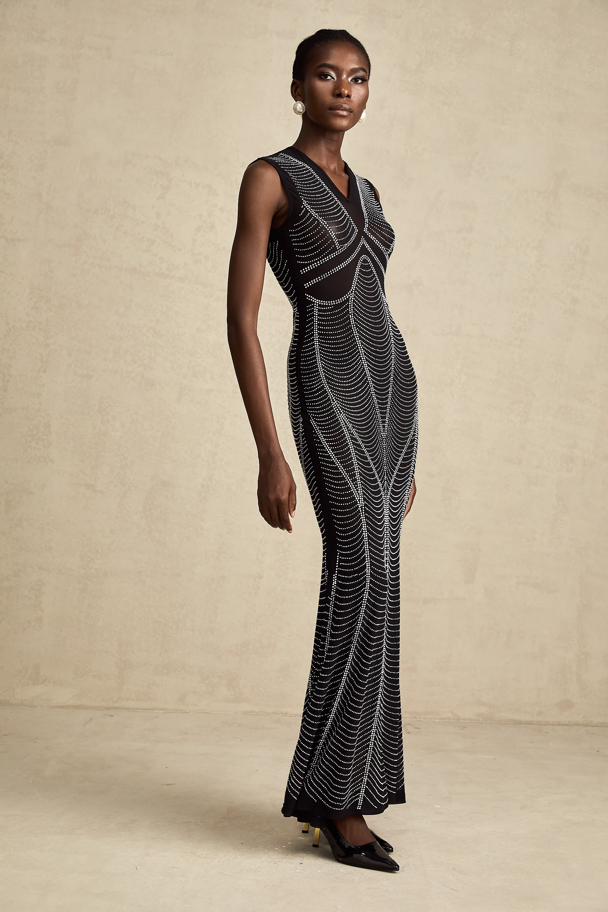 Liane black crystal-embellished semi-sheer maxi dress