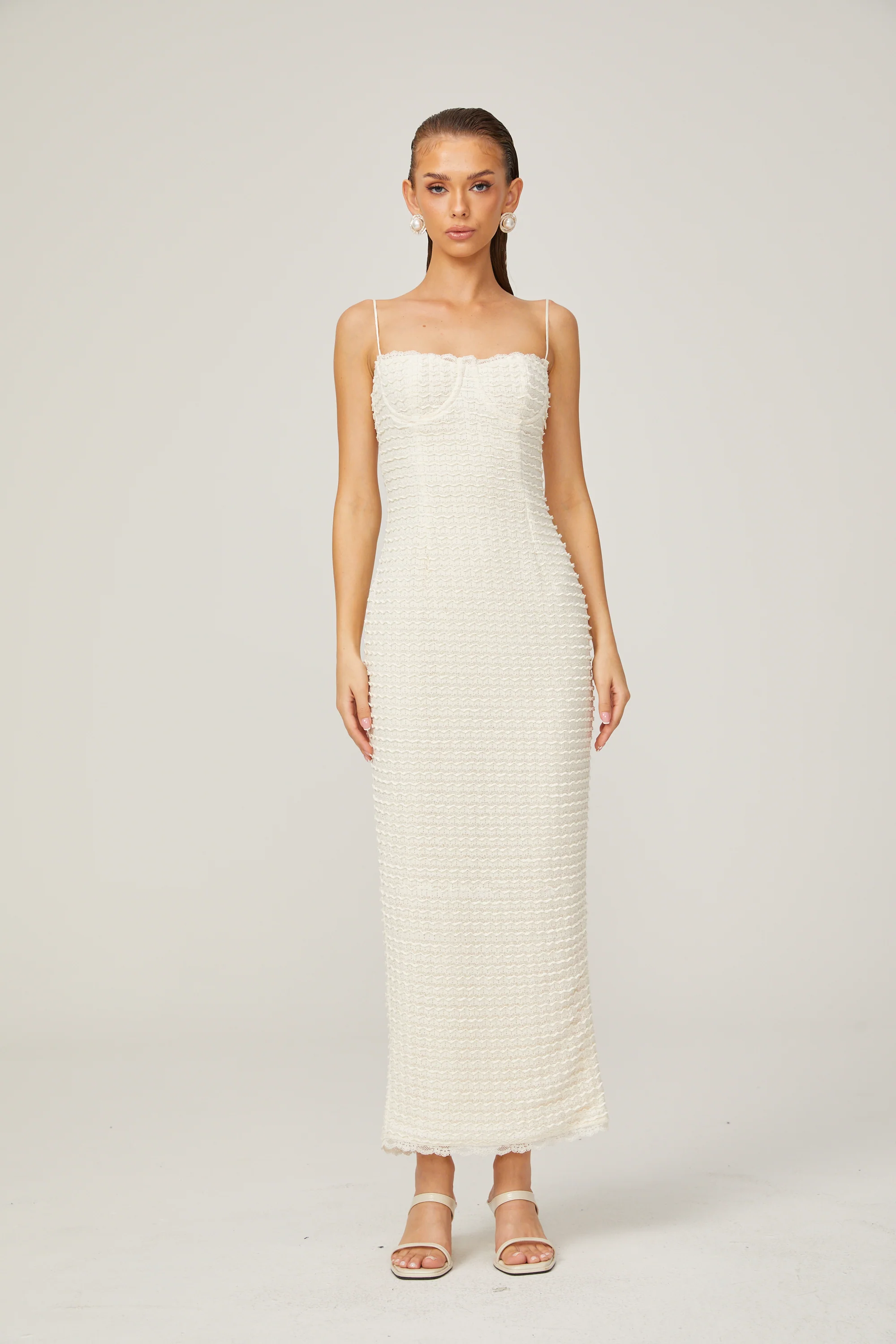 Katia white ruffle-lace boned maxi dress