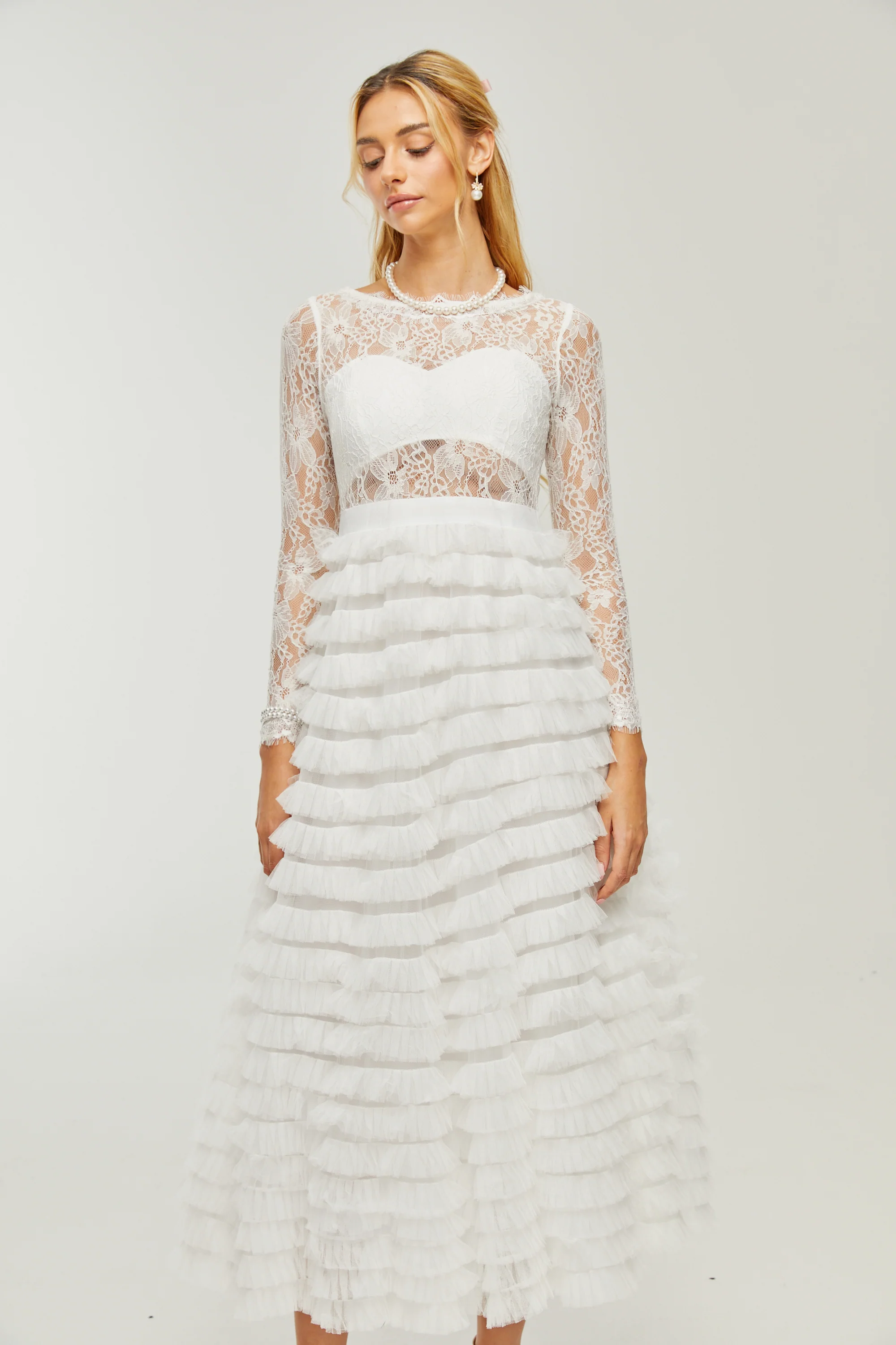 Philippine lace layered high-waisted midi dress
