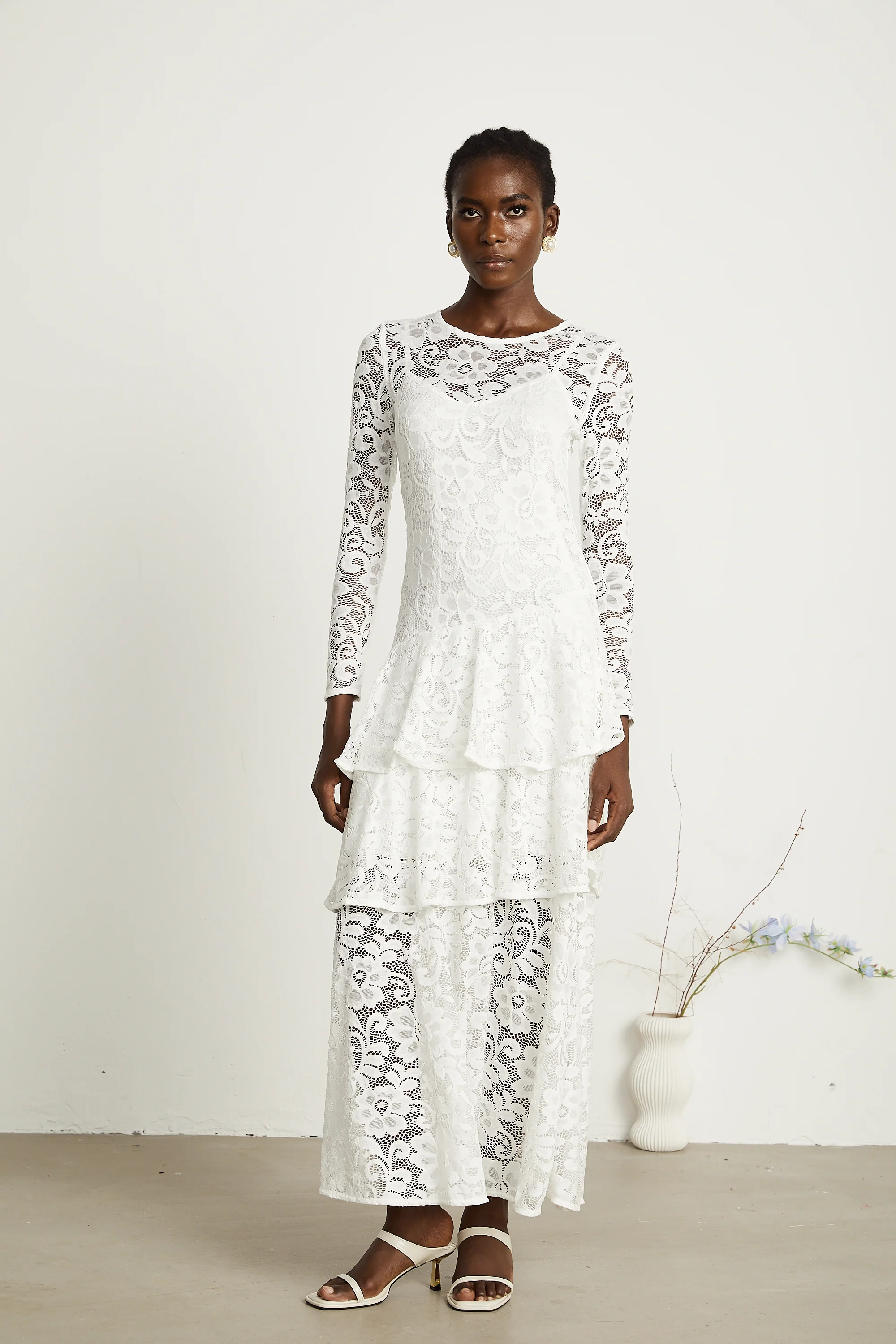 Liana white lace-embroidered midi dress