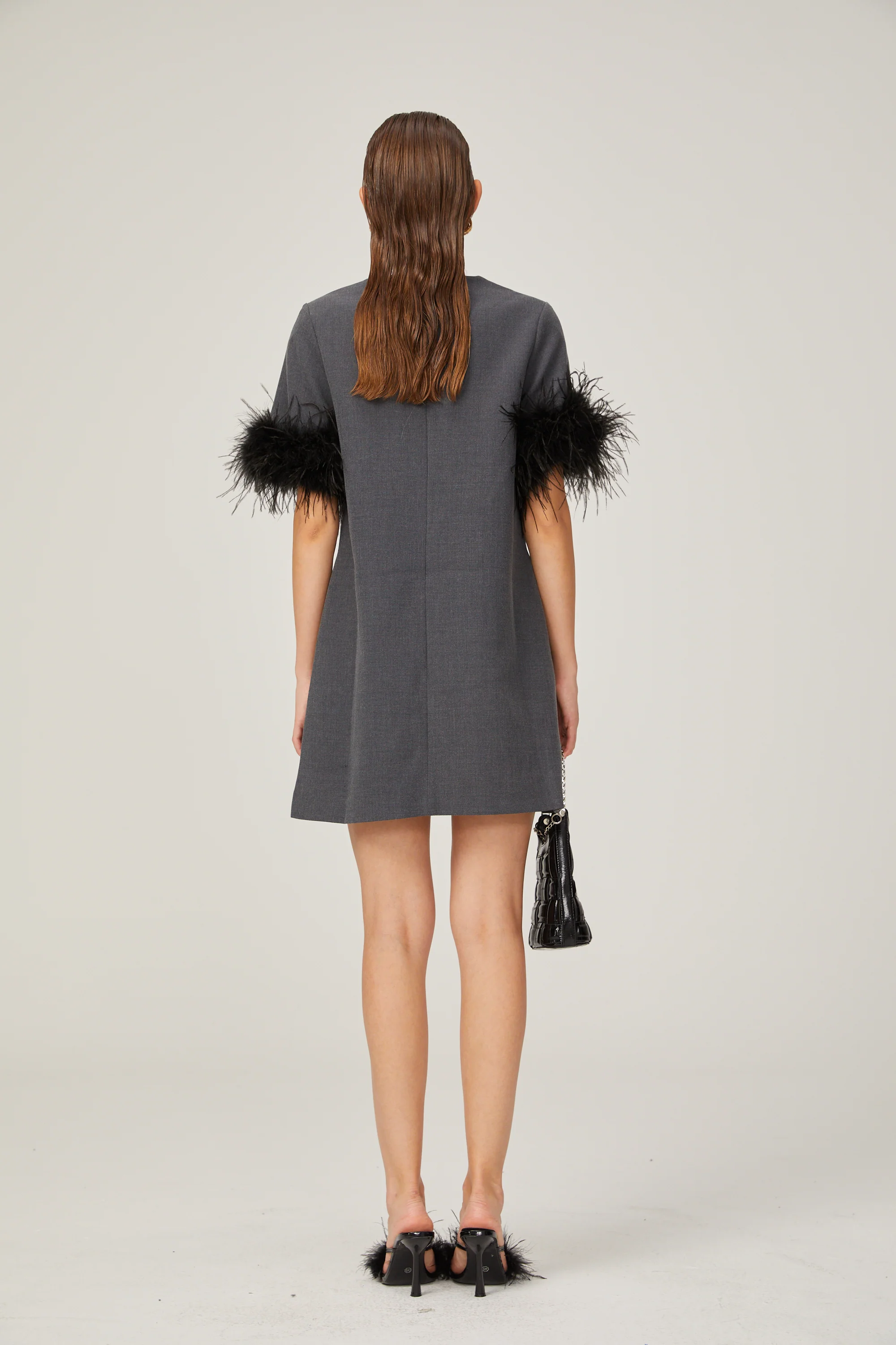 Eulalie grey feather-trim A-line mini dress
