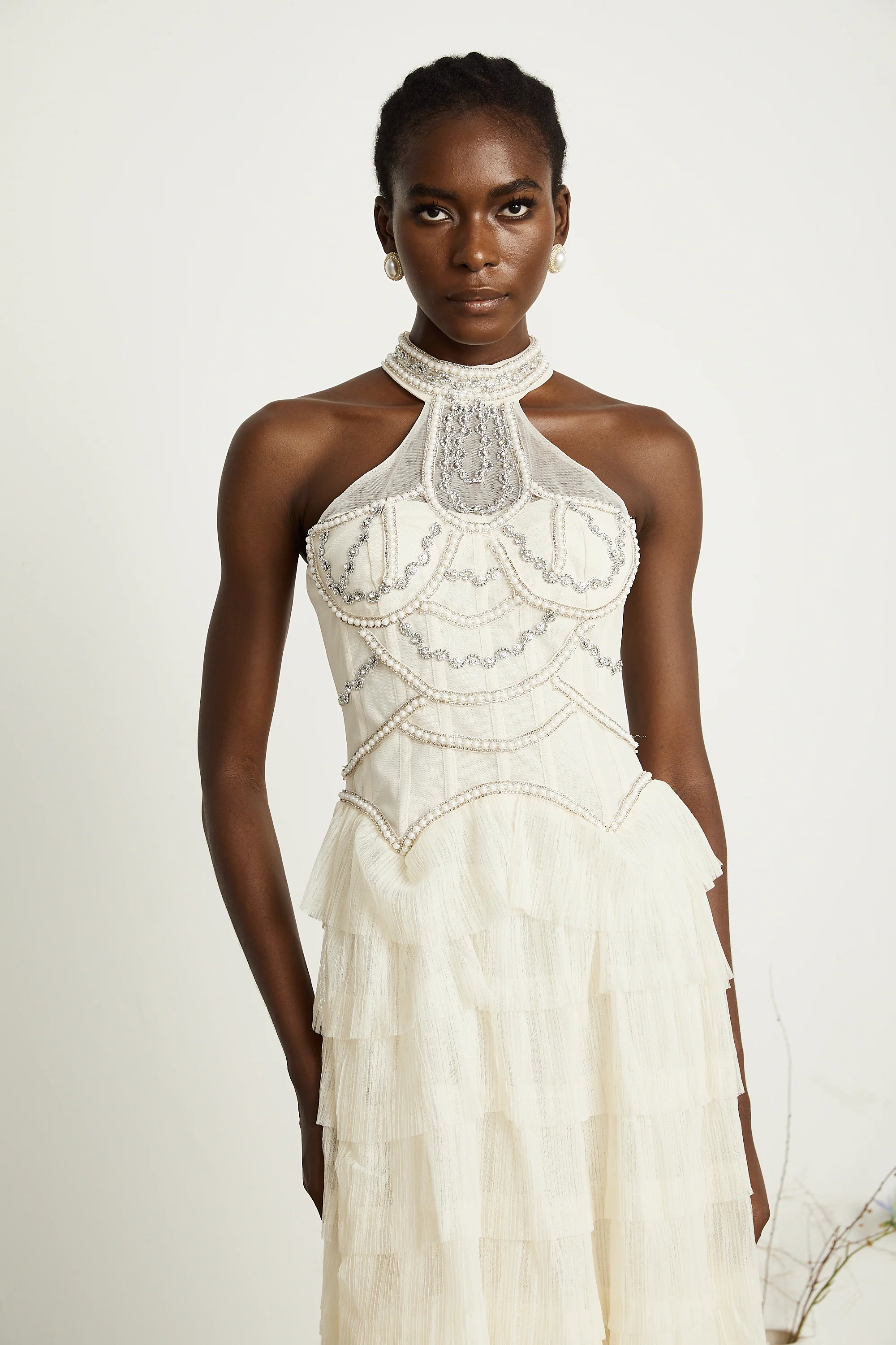 Paula beaded tiered tulle maxi dress