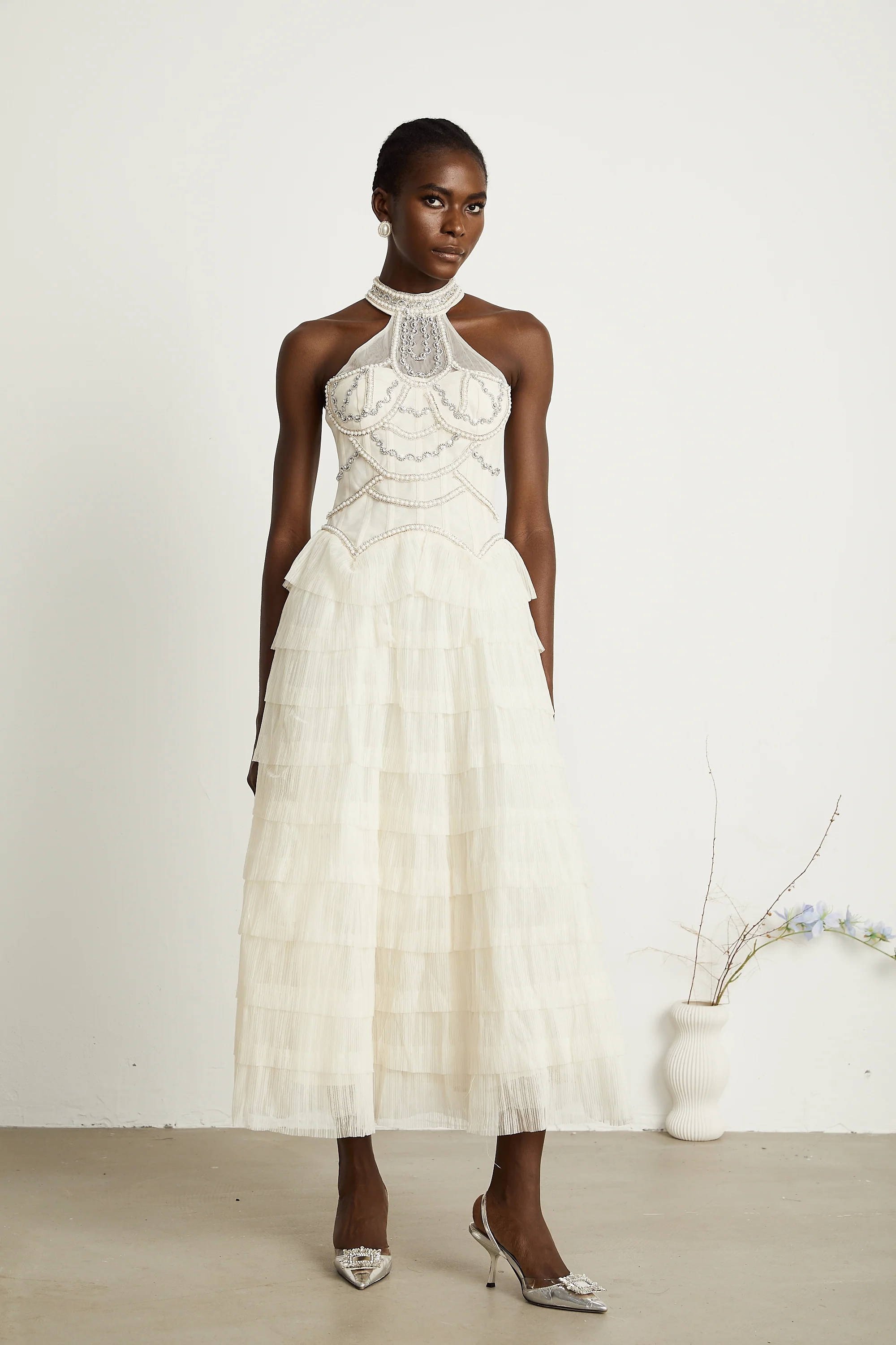 Paula beaded tiered tulle maxi dress