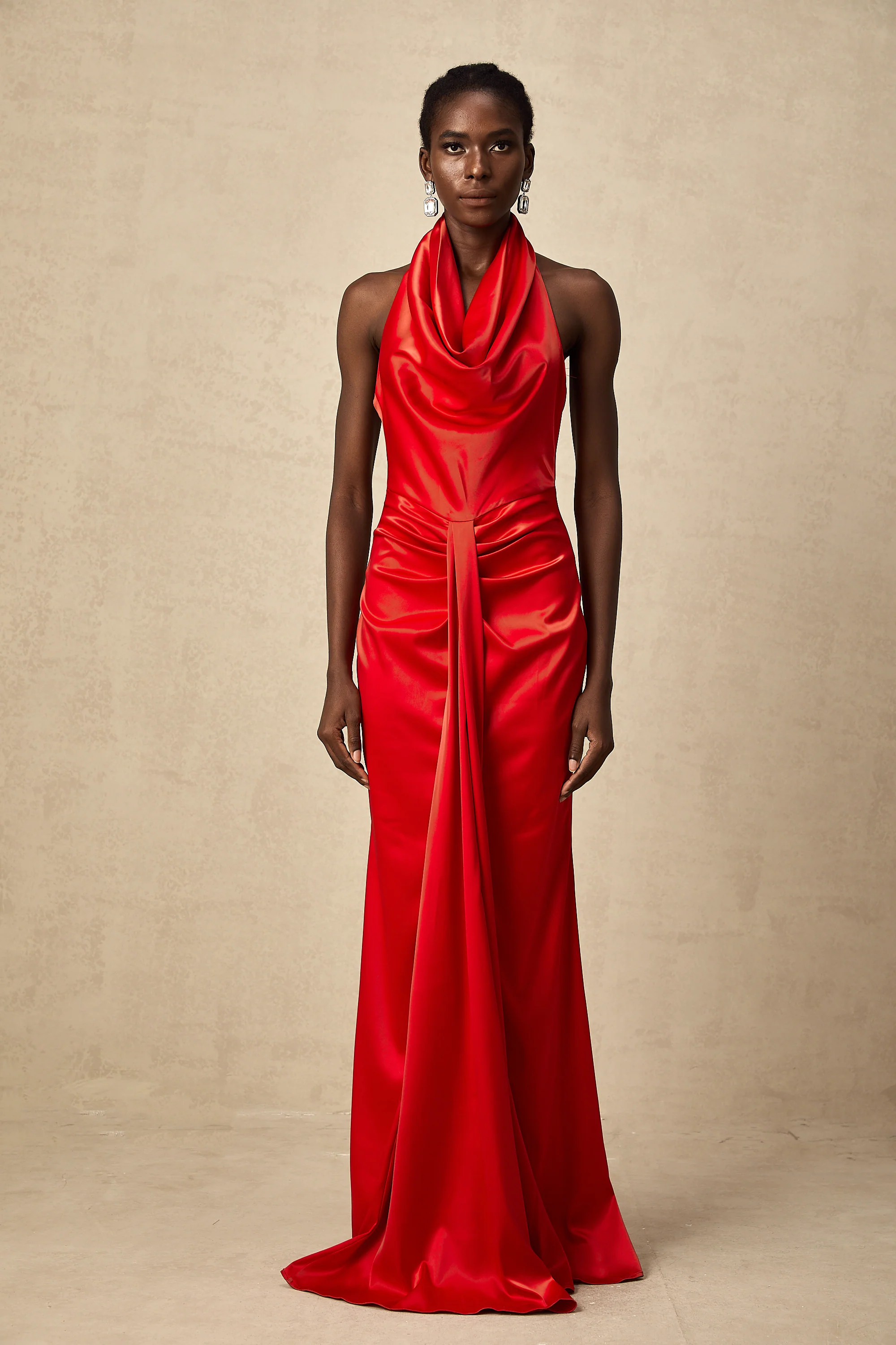 Alix red halterneck draped satin maxi dress