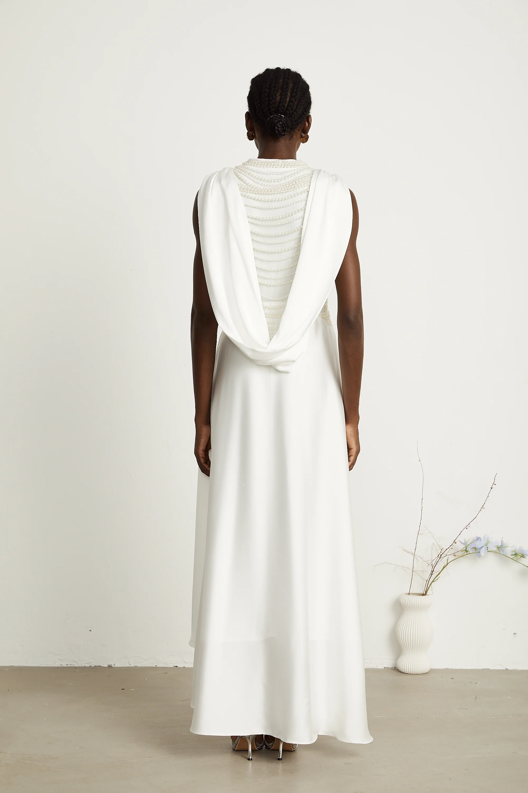 Pascale white faux-pearl pleated maxi dress