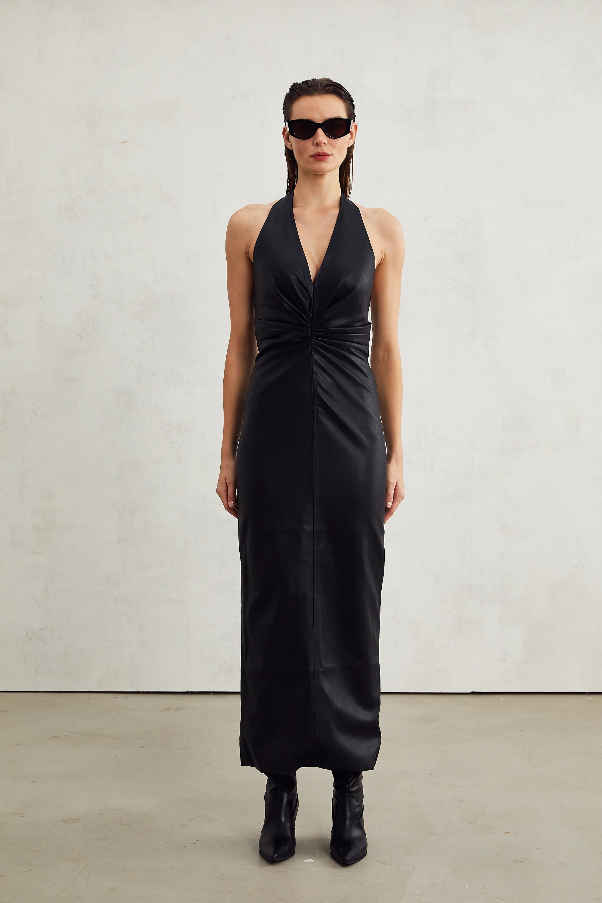 Lucienne black leather halterneck midi dress