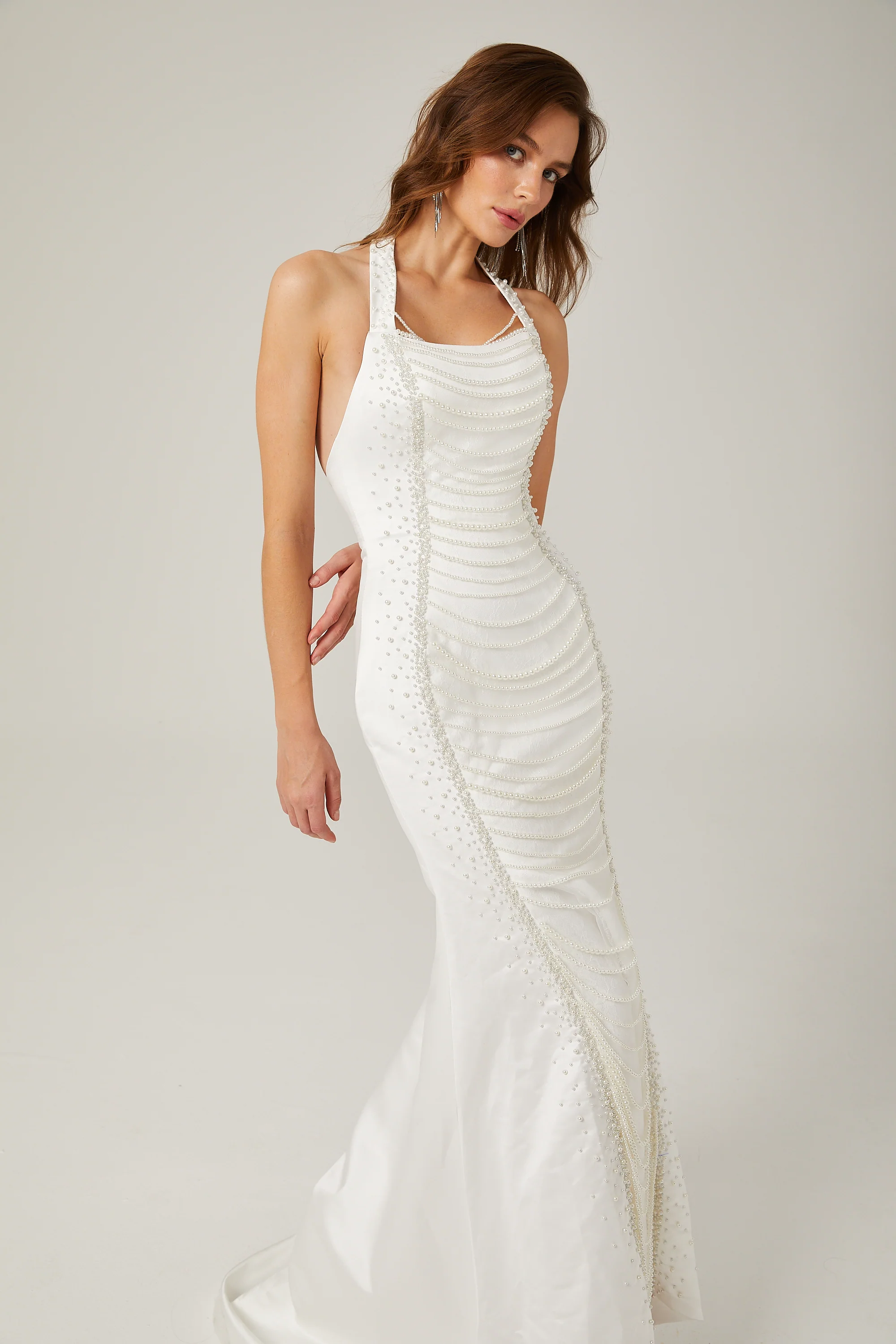 Anaïs faux-pearl halterneck maxi dress