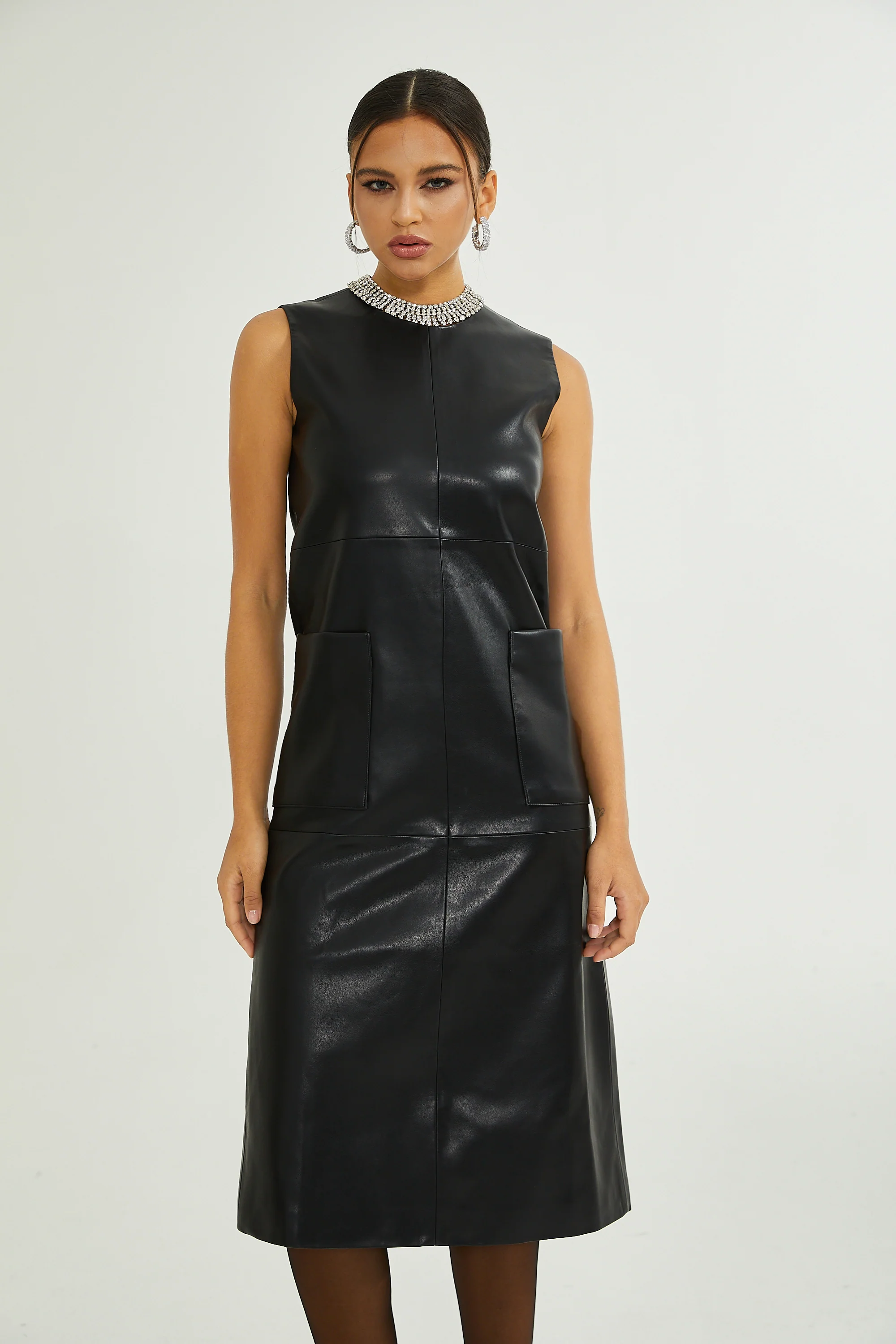 Margot black leather midi dress