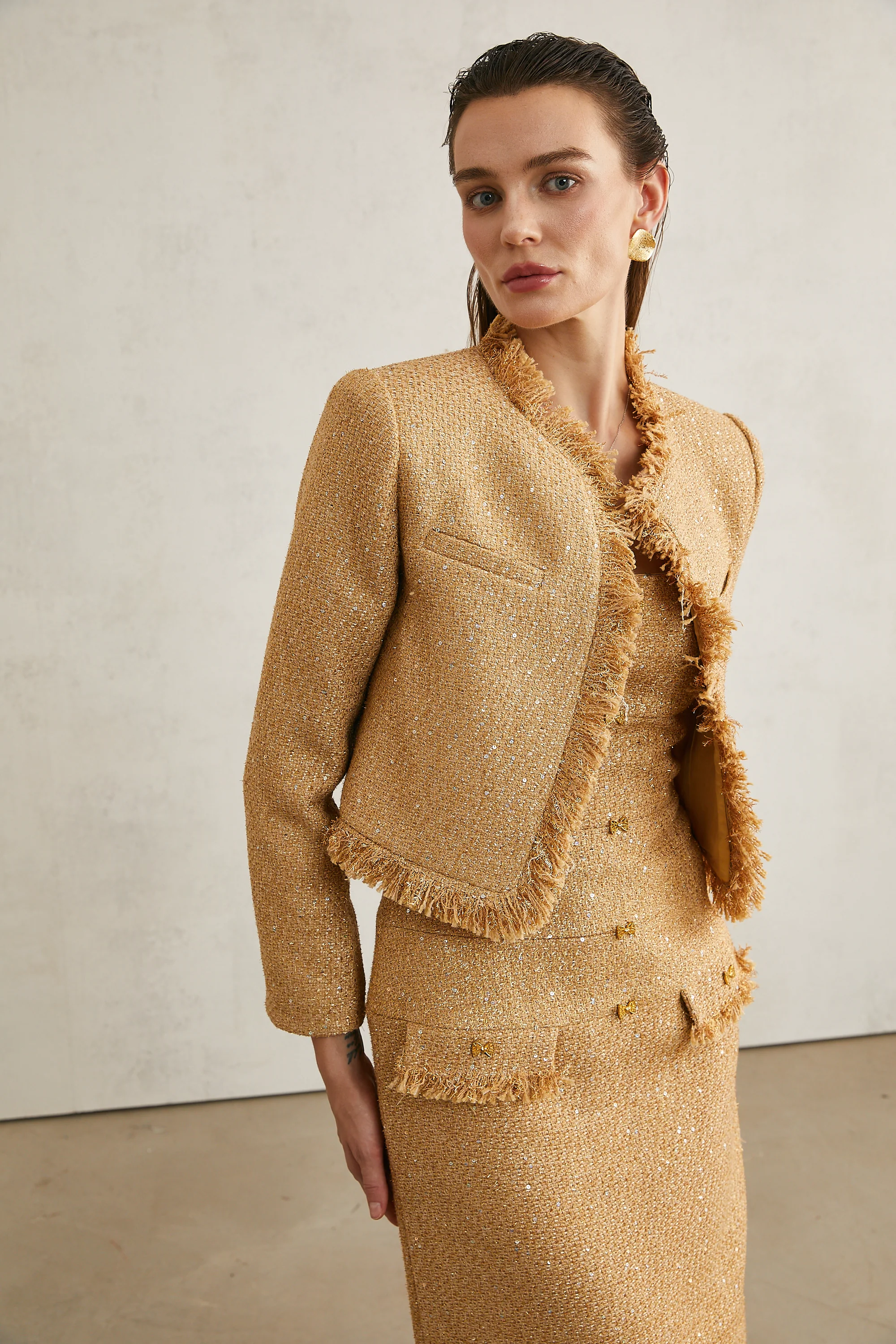 Aurore gold tweed jacket & dress matching set