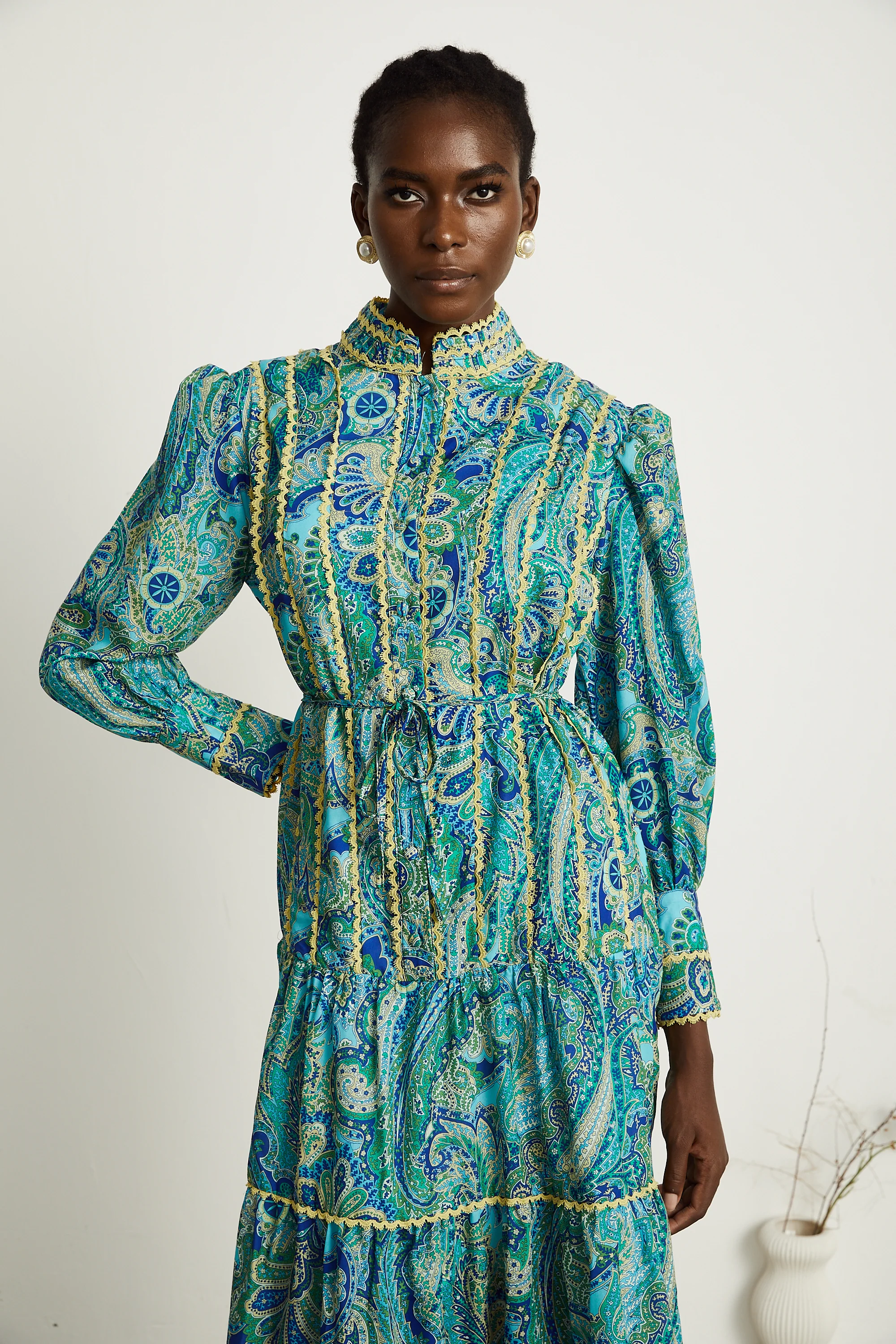 Wanda floral-motif tiered frill midi dress