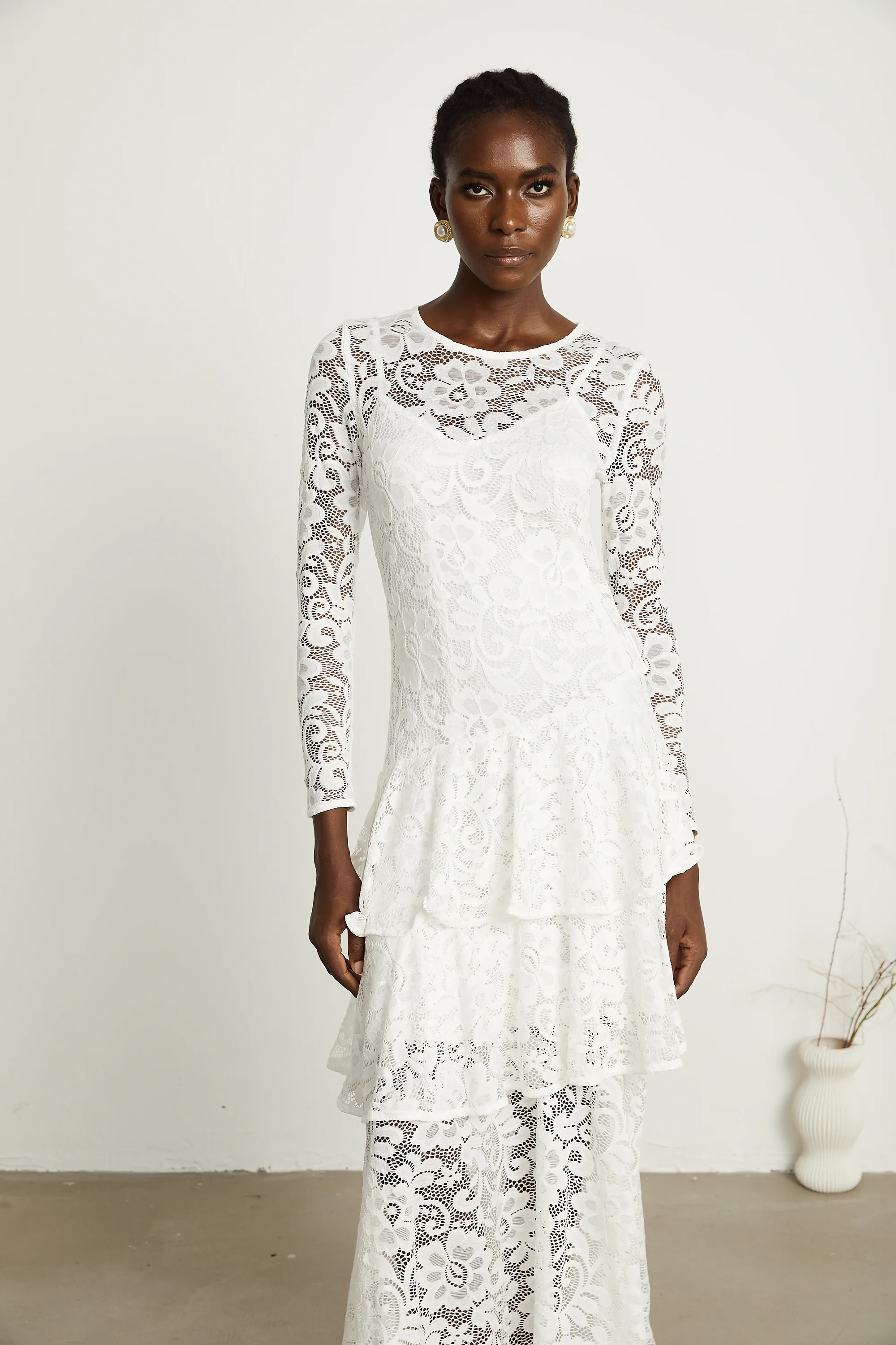 Liana white lace-embroidered midi dress