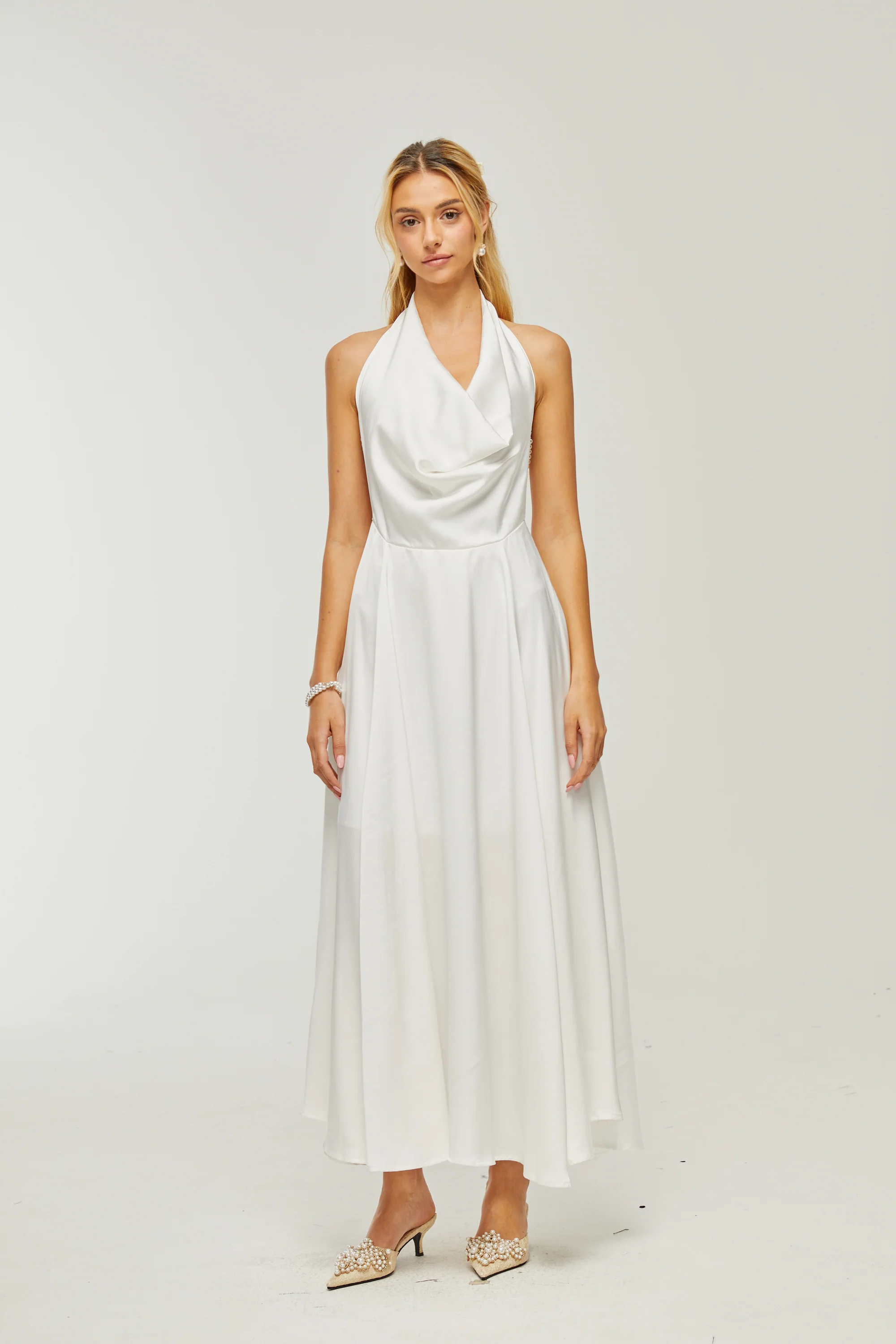 Lucena white scoop-back cowl-neck dress