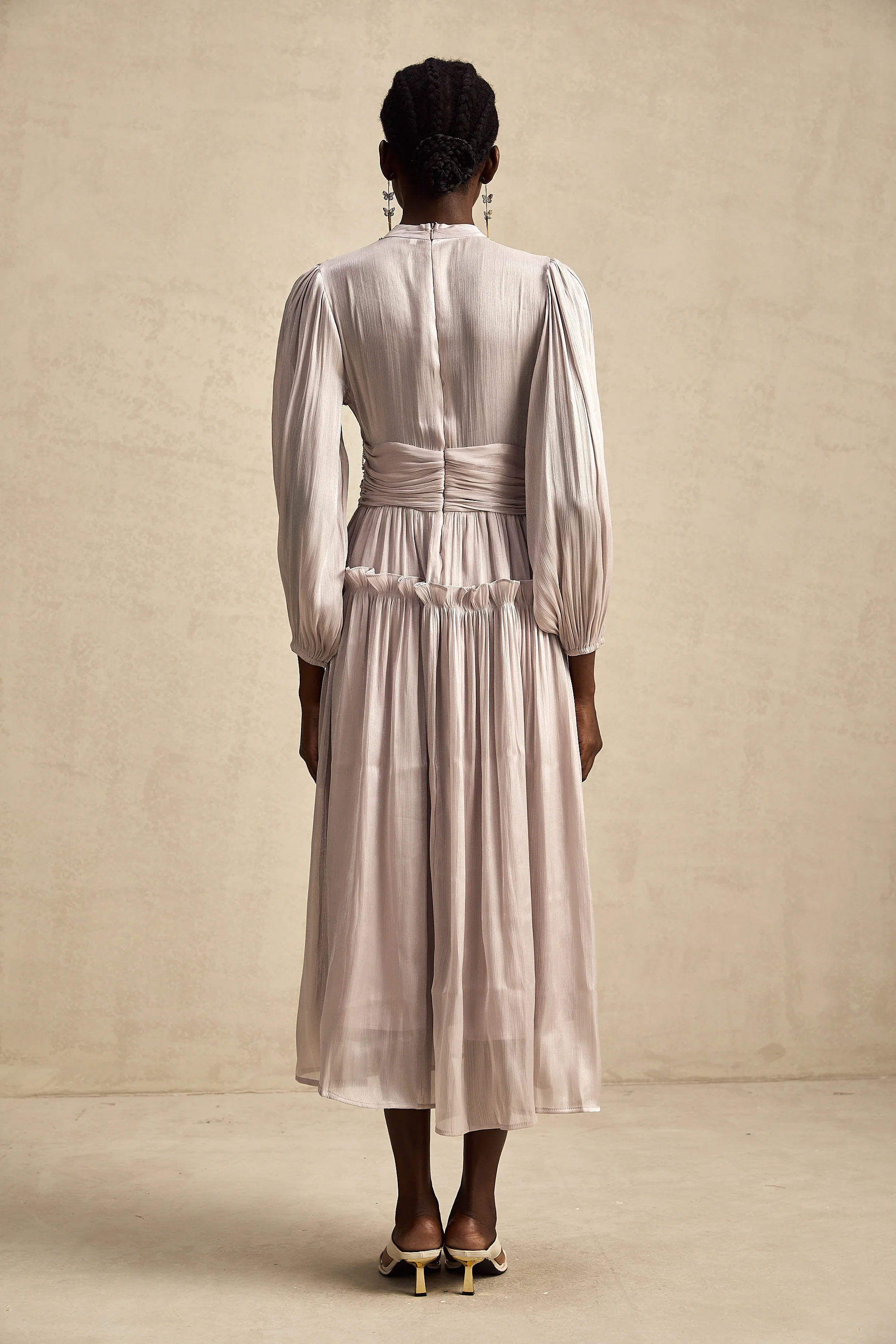 Doriane purple crystal-embellished ruffled midi dress