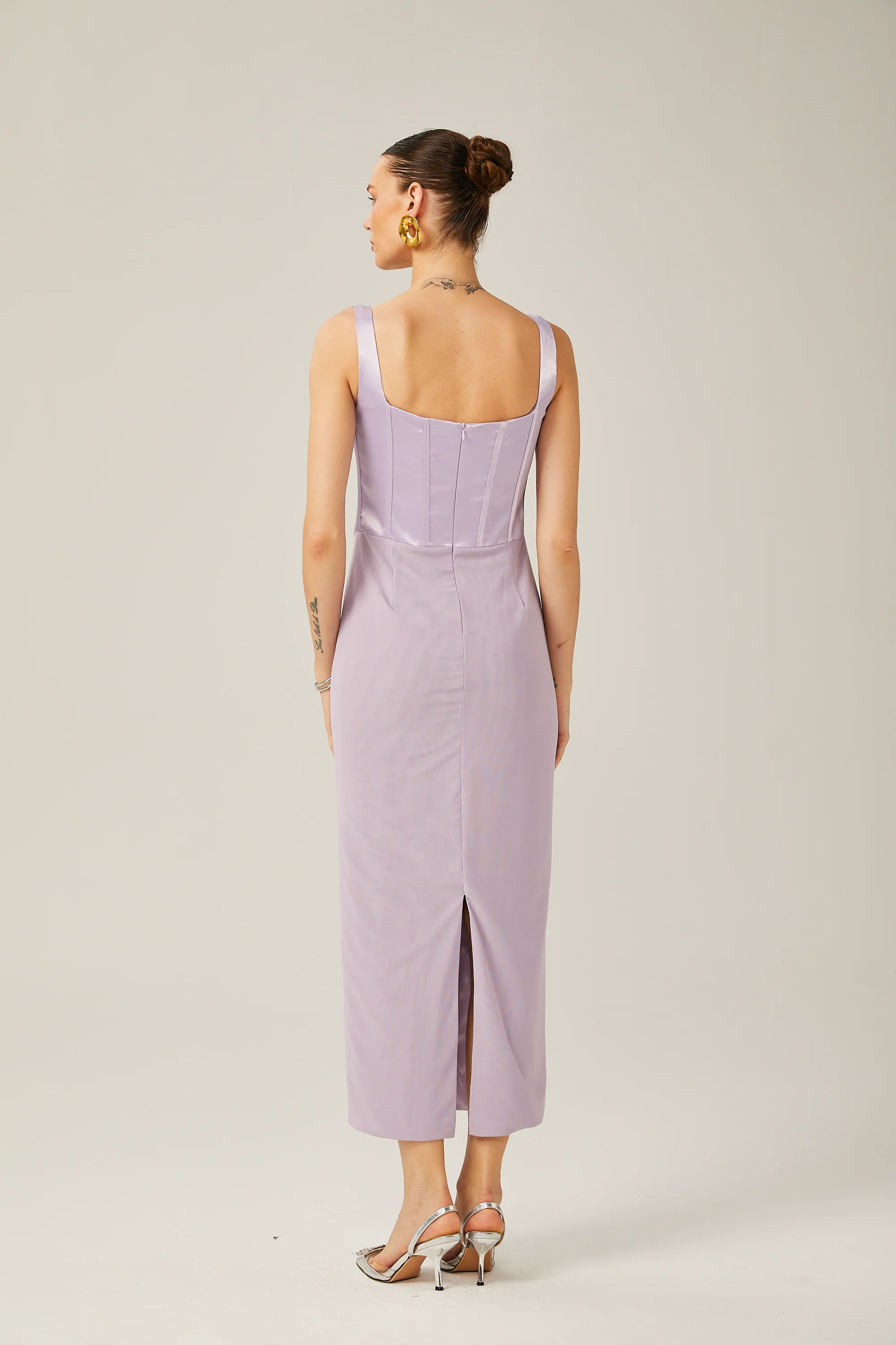 Amelina purple satin corset midi dress