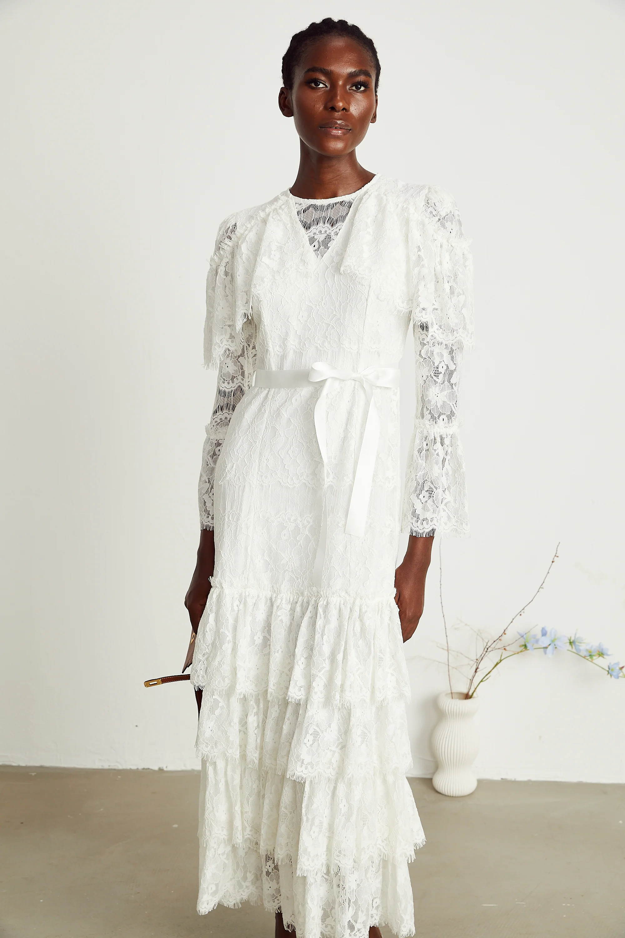 Leone floral lace tiered maxi dress