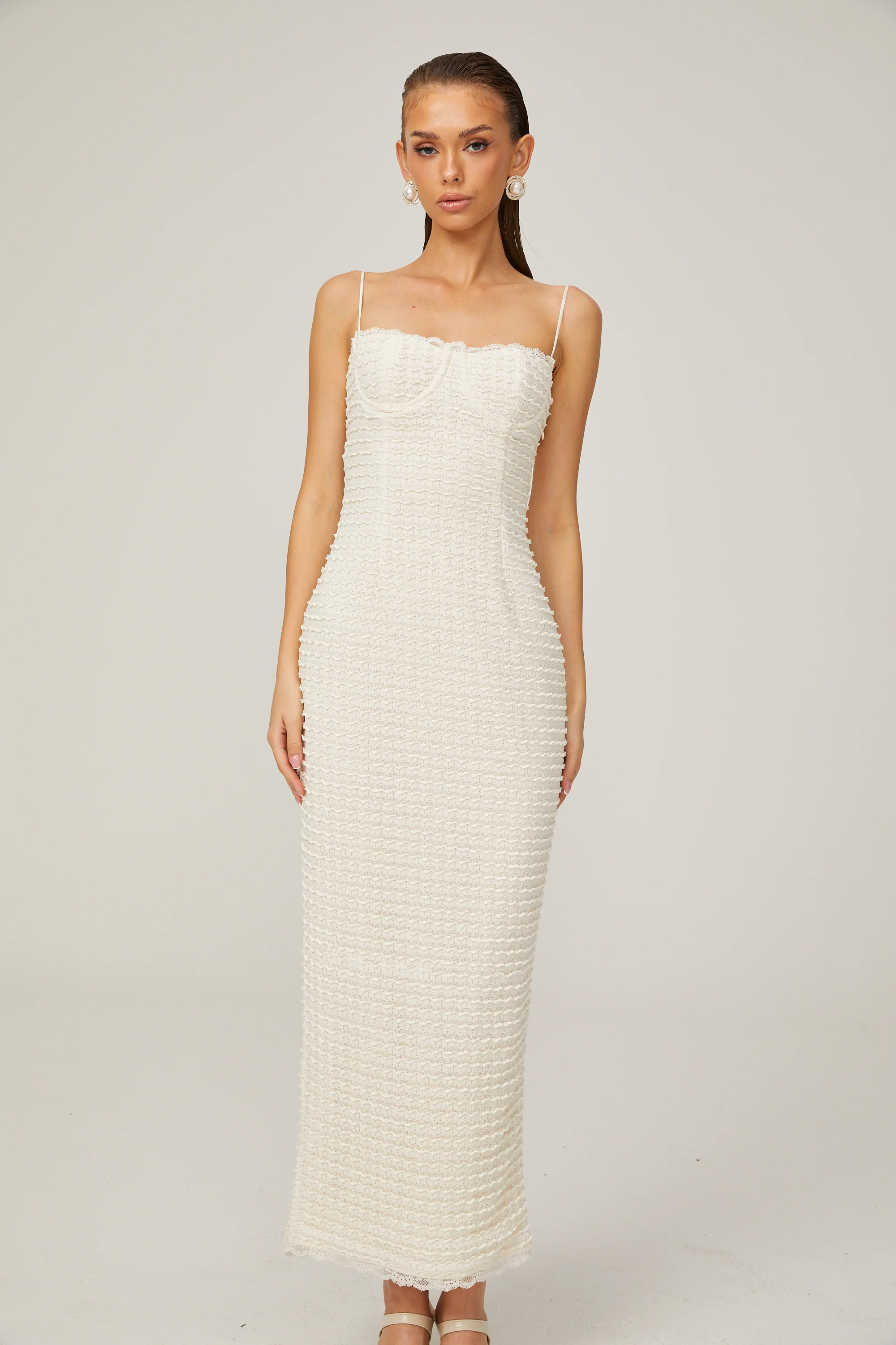 Katia white ruffle-lace boned maxi dress