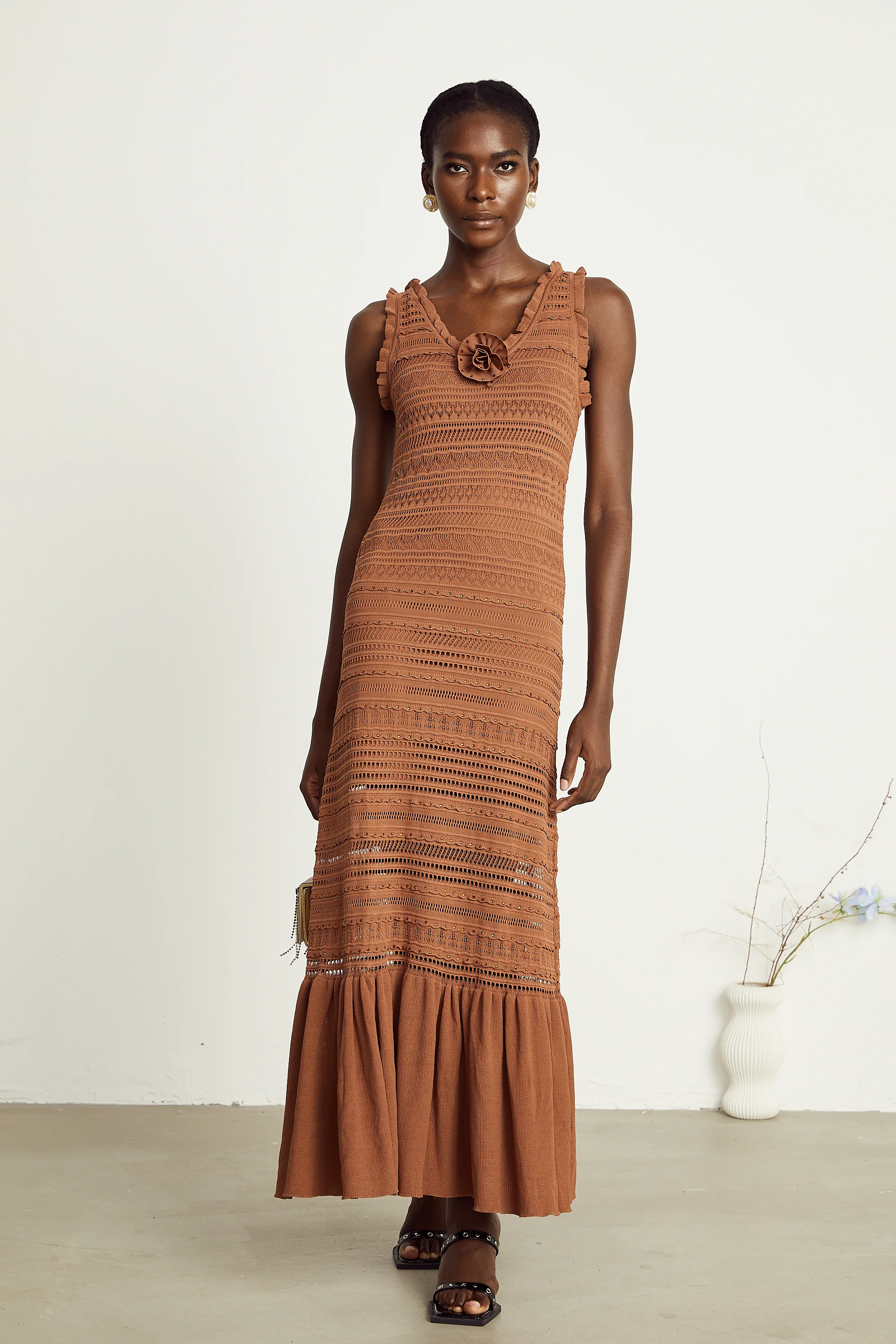 Béatrice brown crochet-knit flower maxi dress