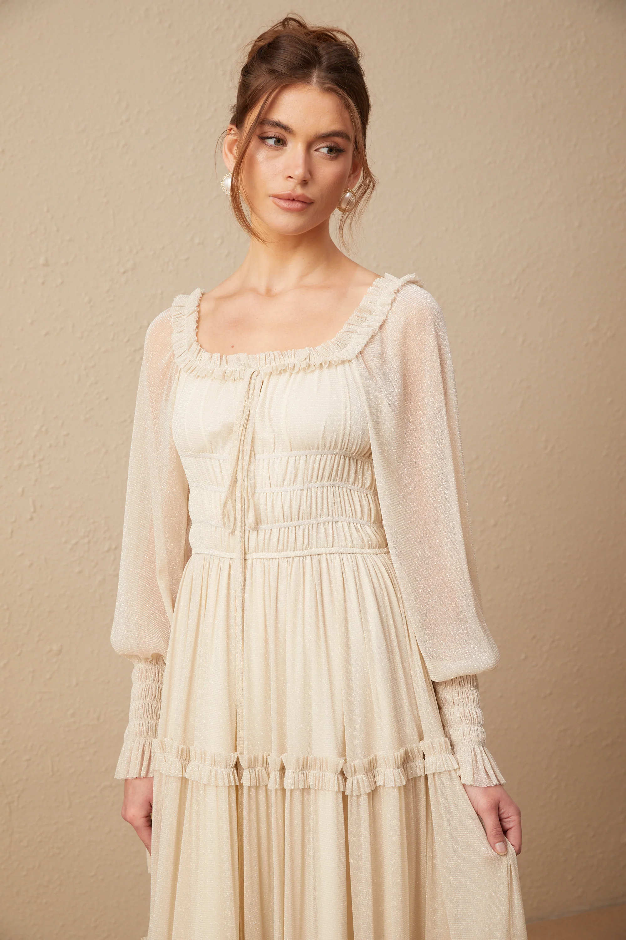 Camille pleated shirred metallic midi dress