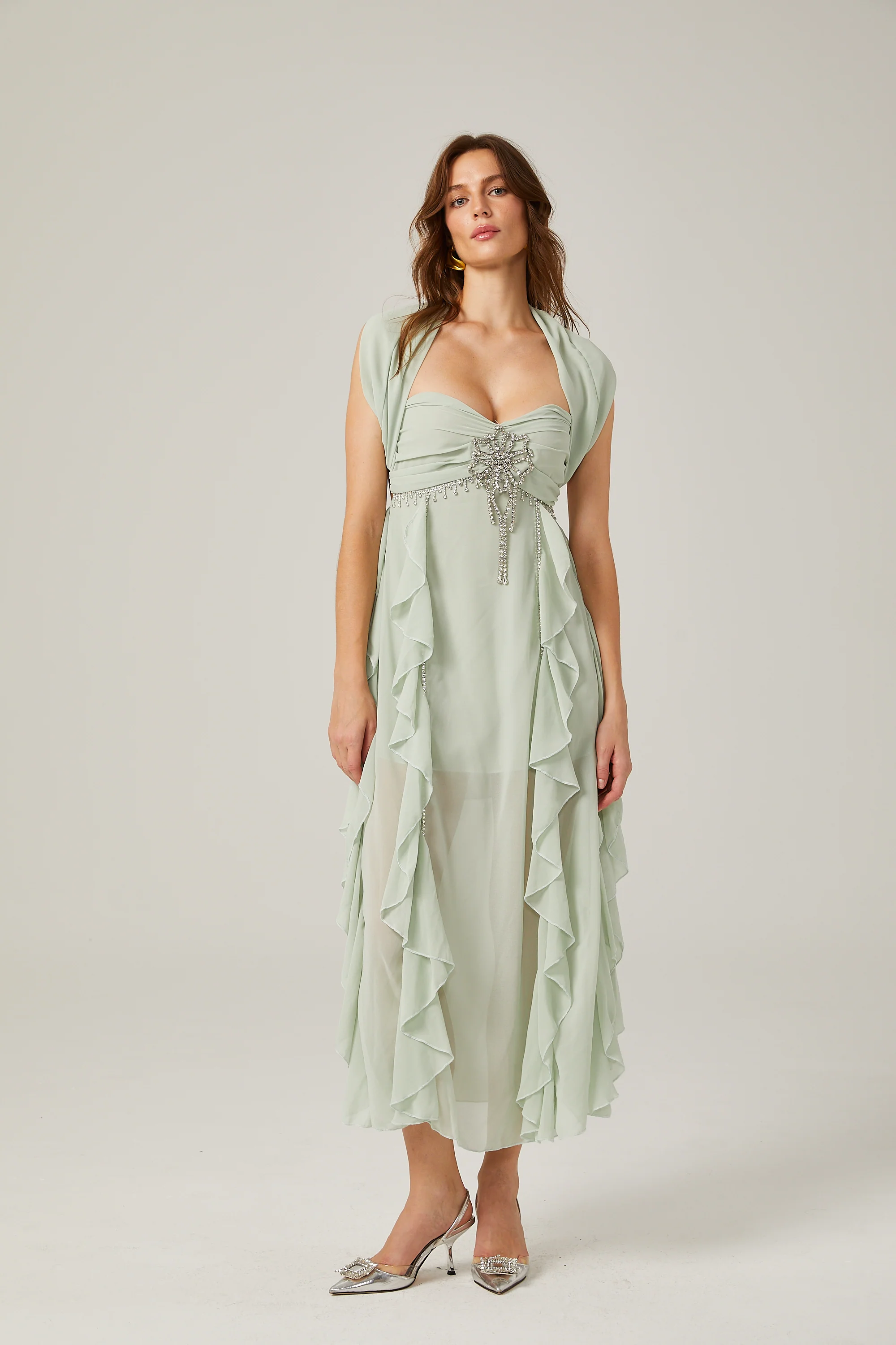 Salilah embellished ruffled midi dress