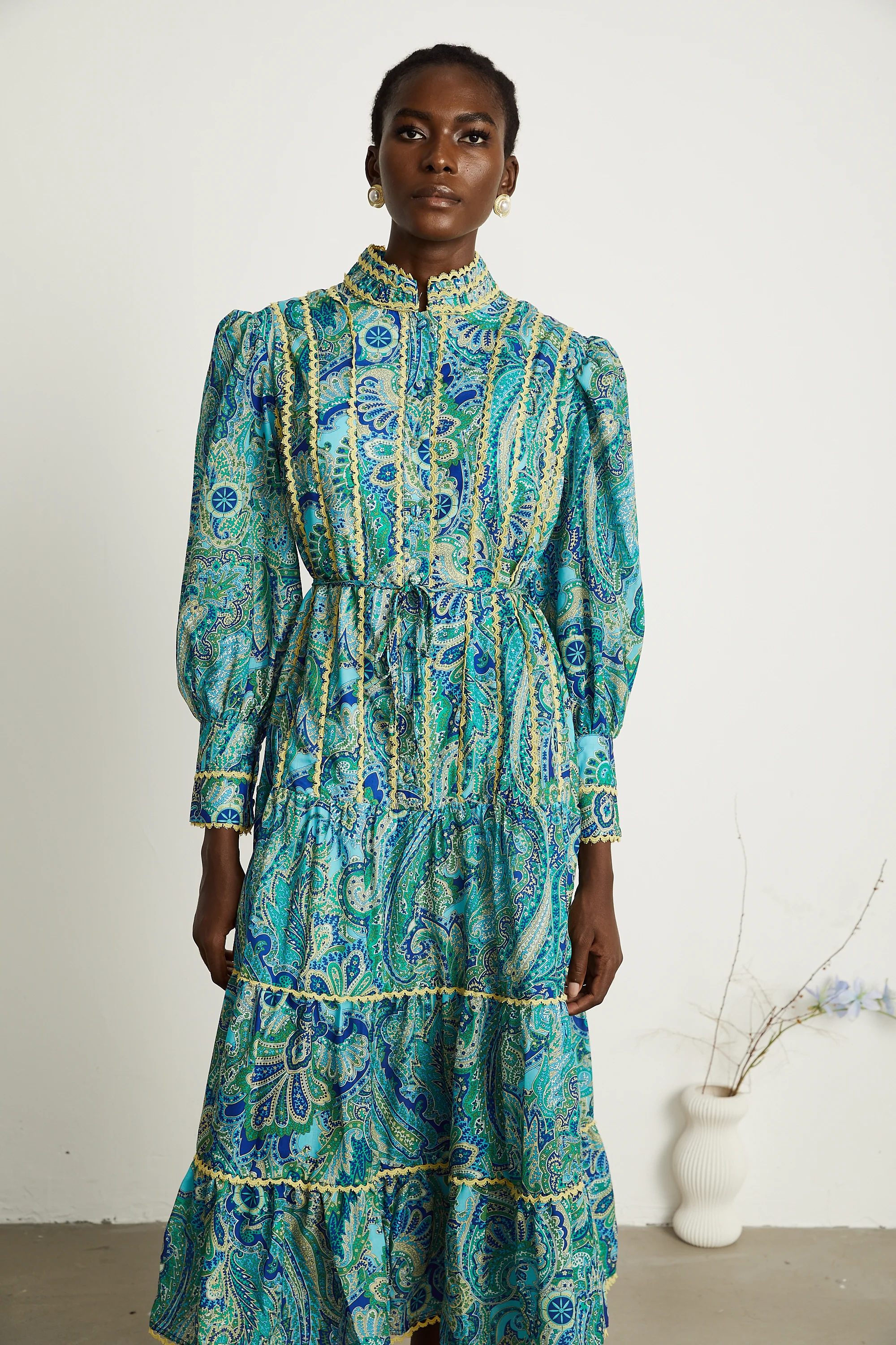 Wanda floral-motif tiered frill midi dress