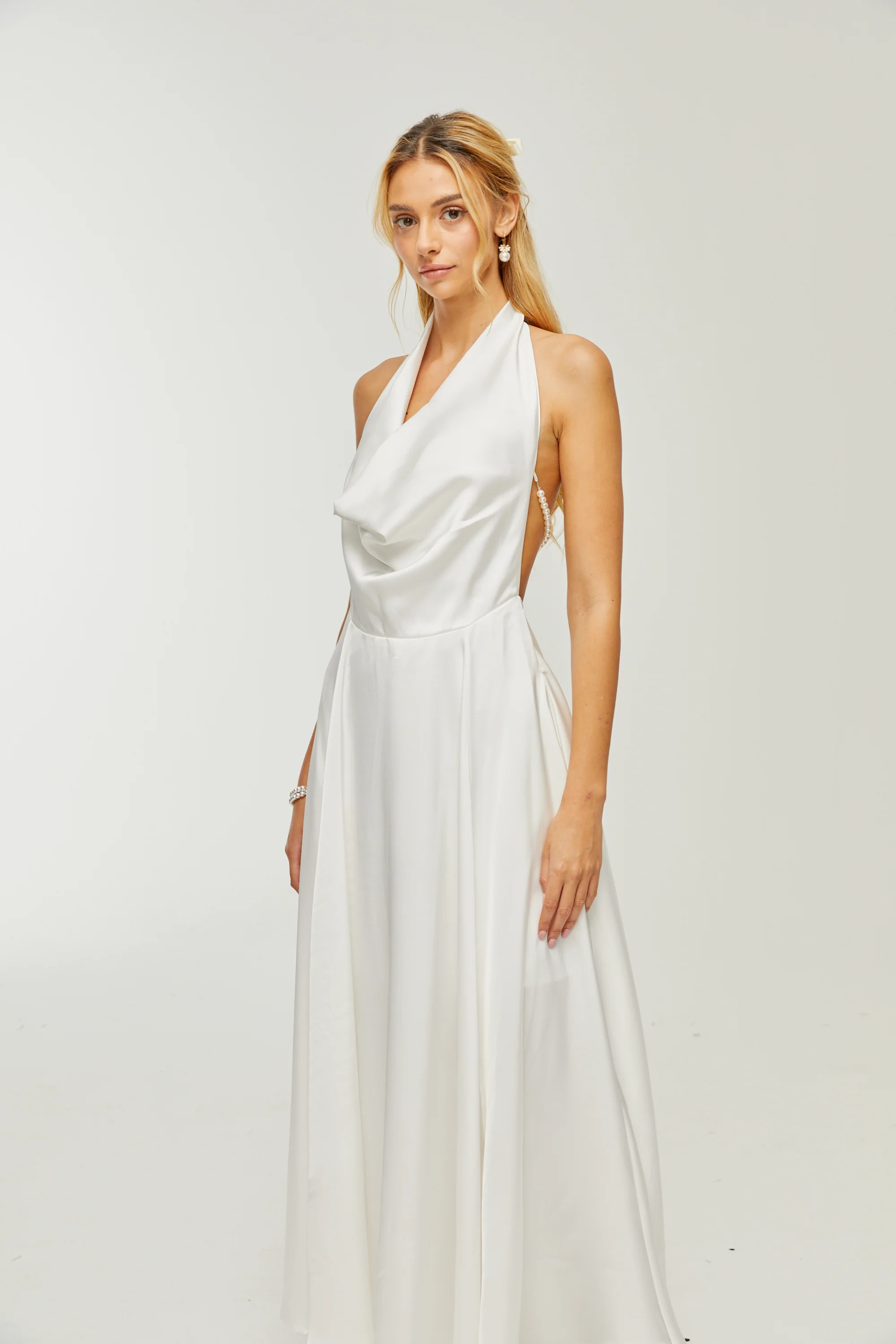 Lucena white scoop-back cowl-neck dress