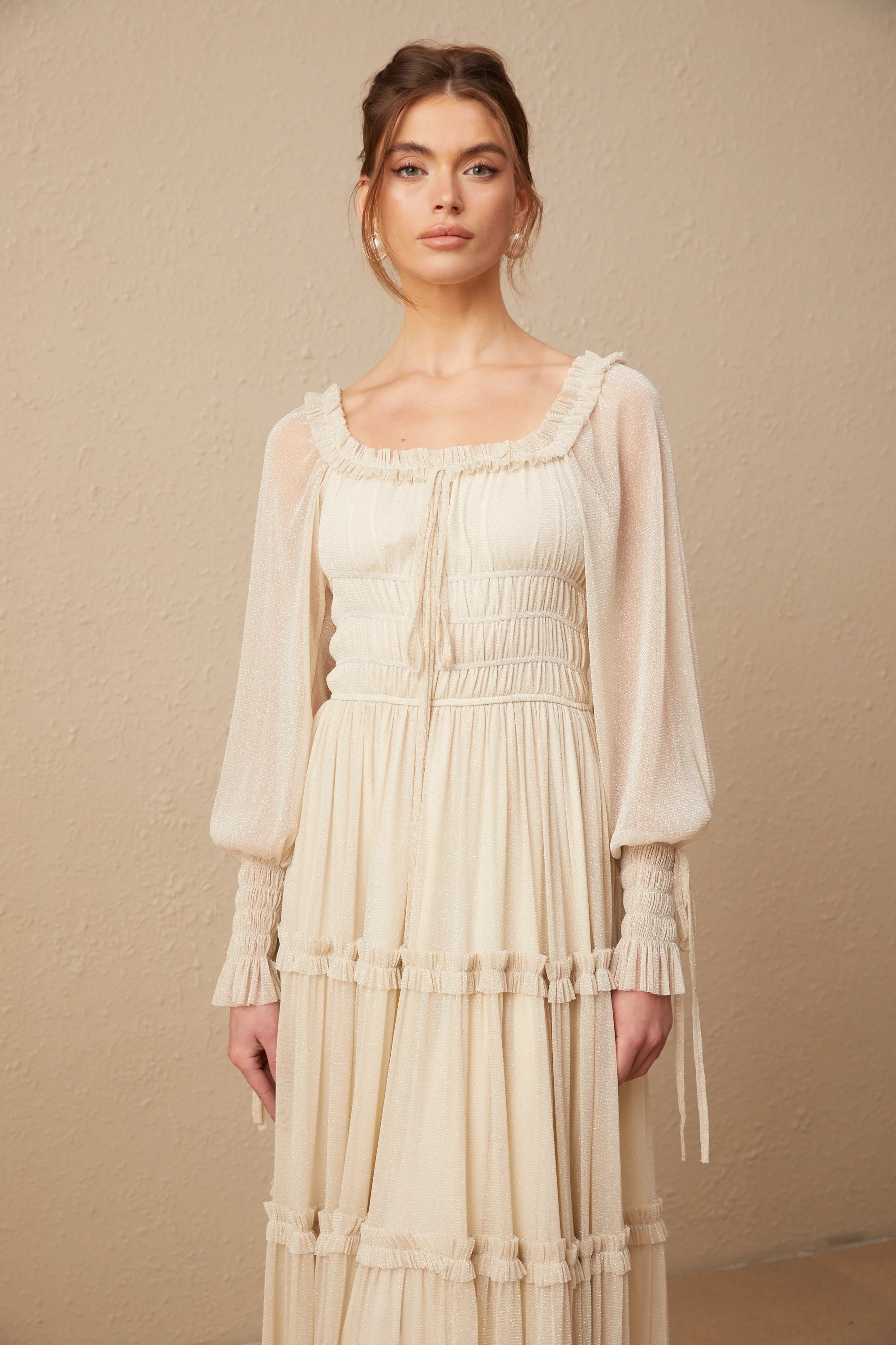 Camille pleated shirred metallic midi dress