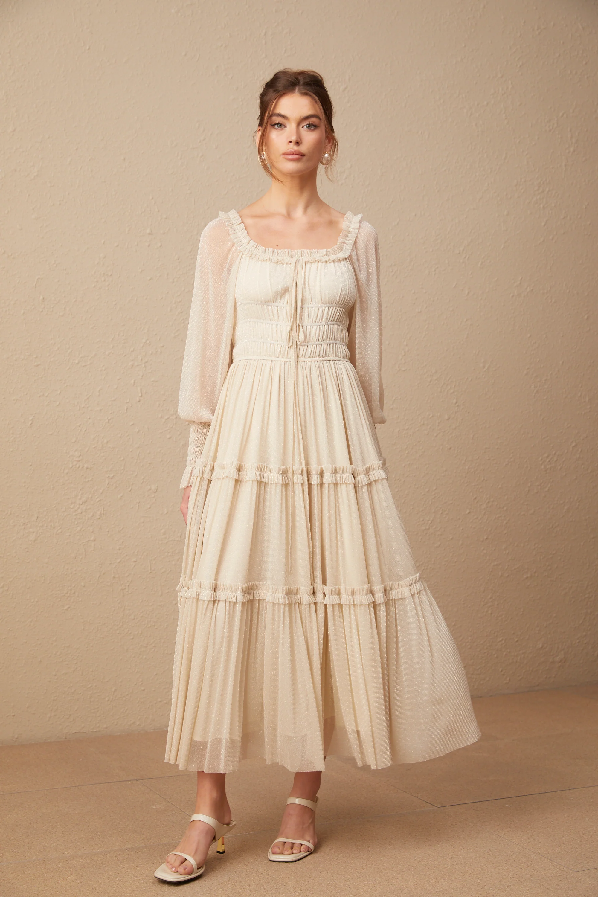 Camille pleated shirred metallic midi dress